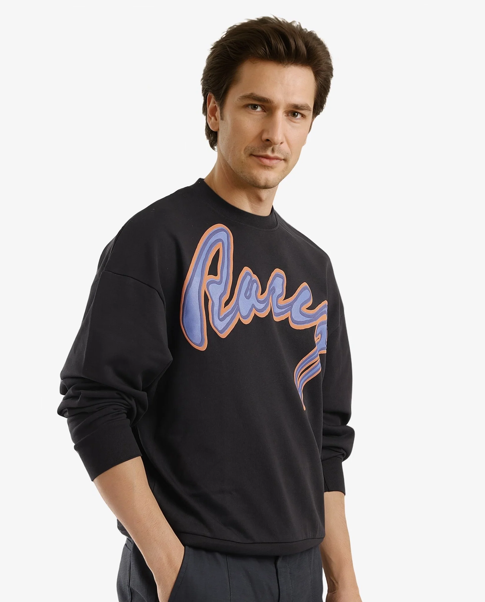 Rare Rabbit Men's Mabel Black Cotton Printed Oversized Fit Full Sleeve Crew Neck Sweatshirt - Image 8