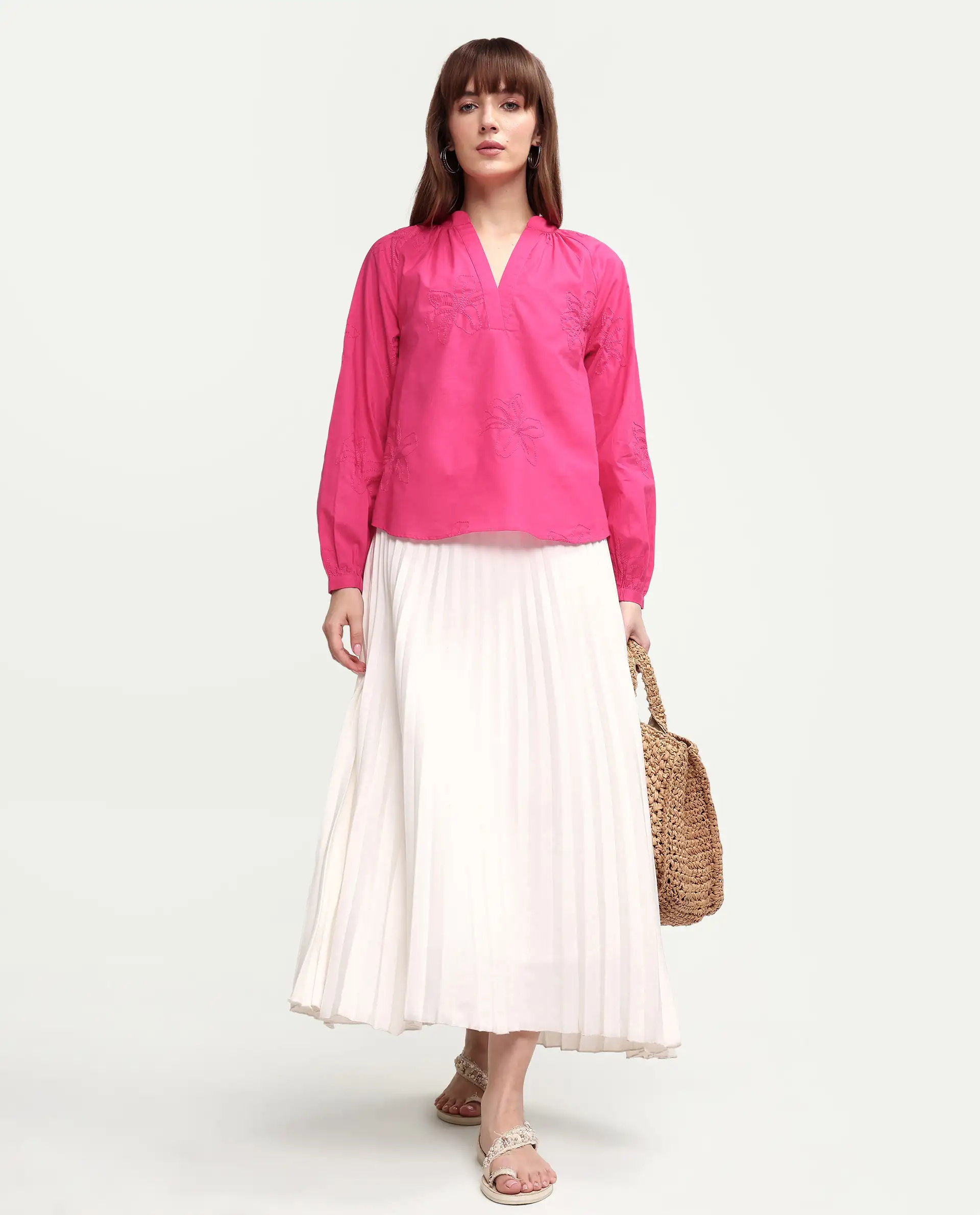 Rareism Women's Mabzi Pink Cotton Blend Full Sleeve Mandarin Collar Regular Embroidered Top - Image 2