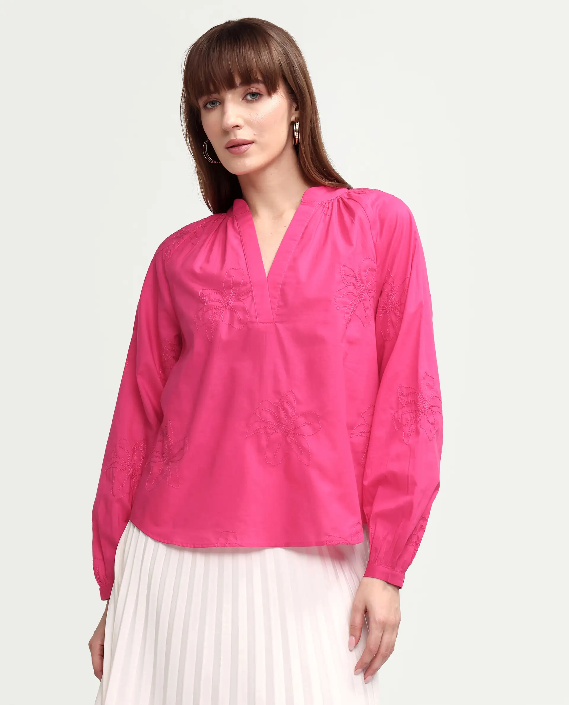 Rareism Women's Mabzi Pink Cotton Blend Full Sleeve Mandarin Collar Regular Embroidered Top - Image 3