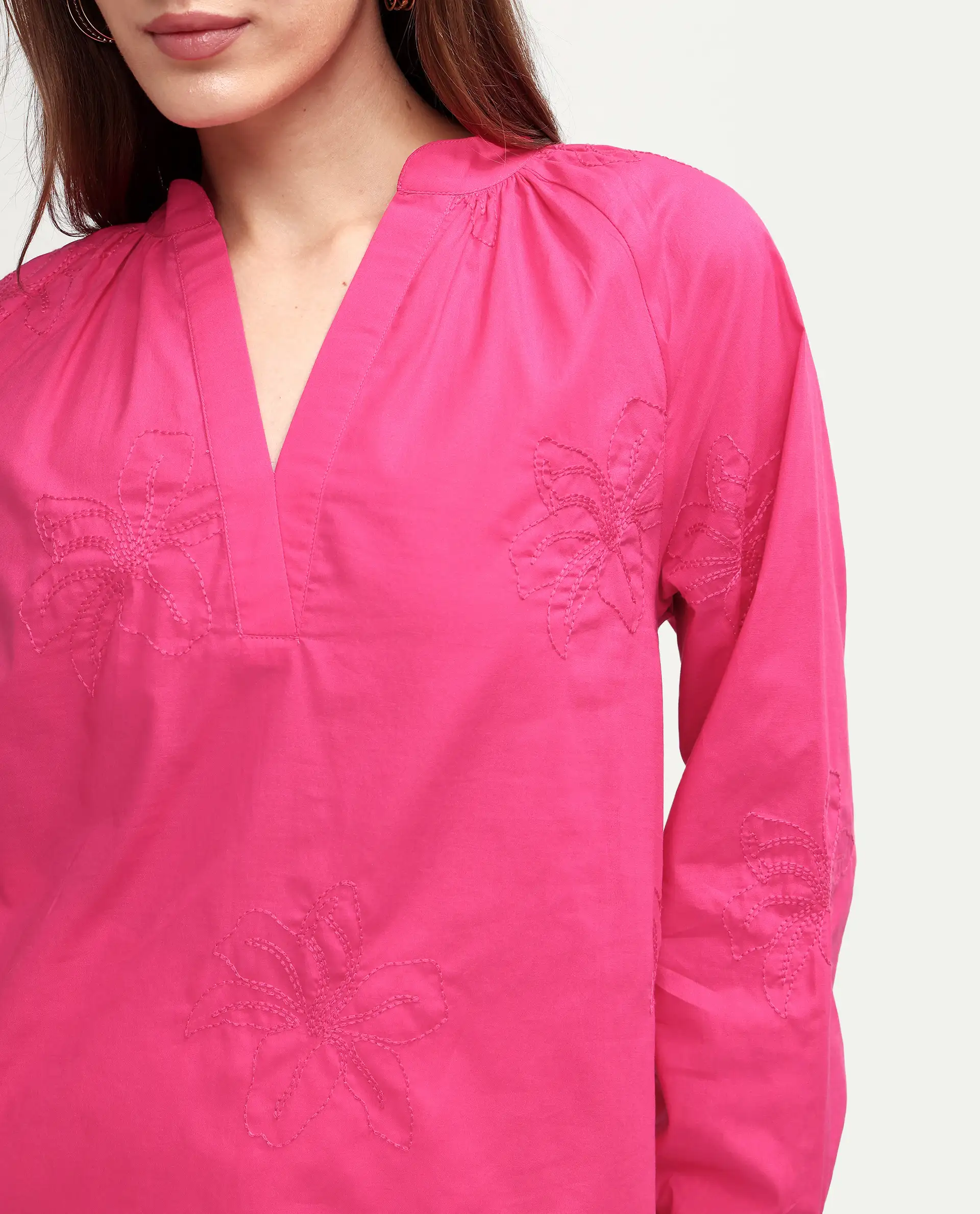 Rareism Women's Mabzi Pink Cotton Blend Full Sleeve Mandarin Collar Regular Embroidered Top - Image 4