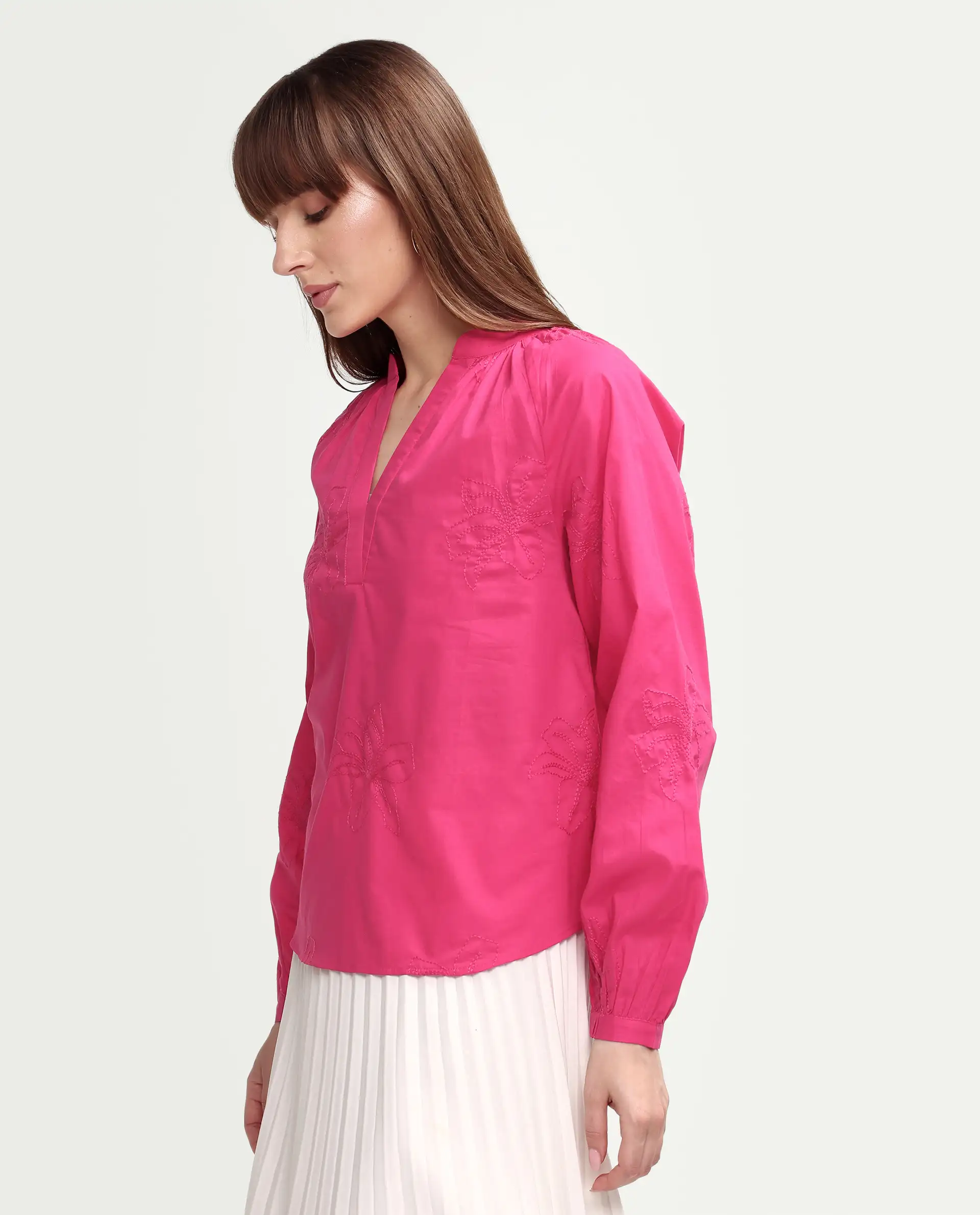 Rareism Women's Mabzi Pink Cotton Blend Full Sleeve Mandarin Collar Regular Embroidered Top - Image 5