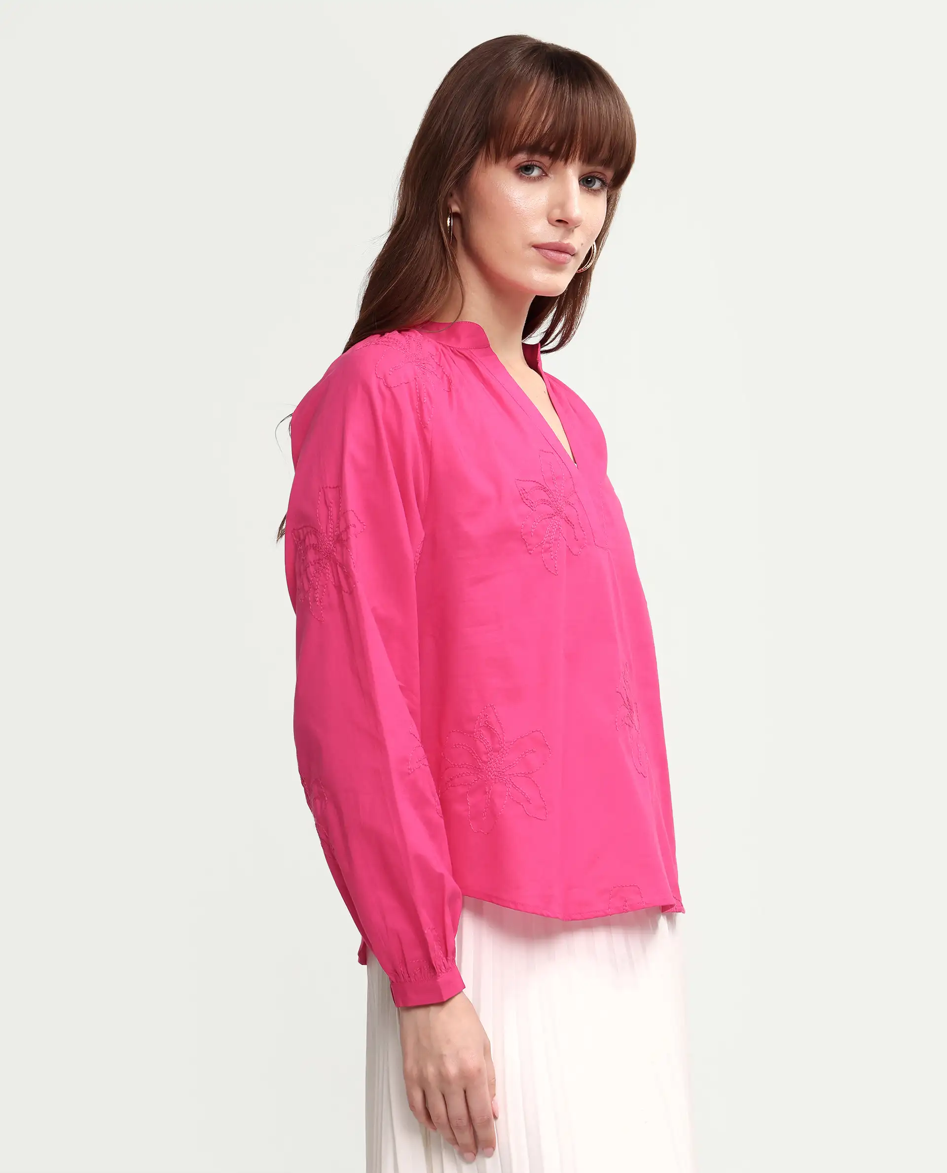 Rareism Women's Mabzi Pink Cotton Blend Full Sleeve Mandarin Collar Regular Embroidered Top - Image 6