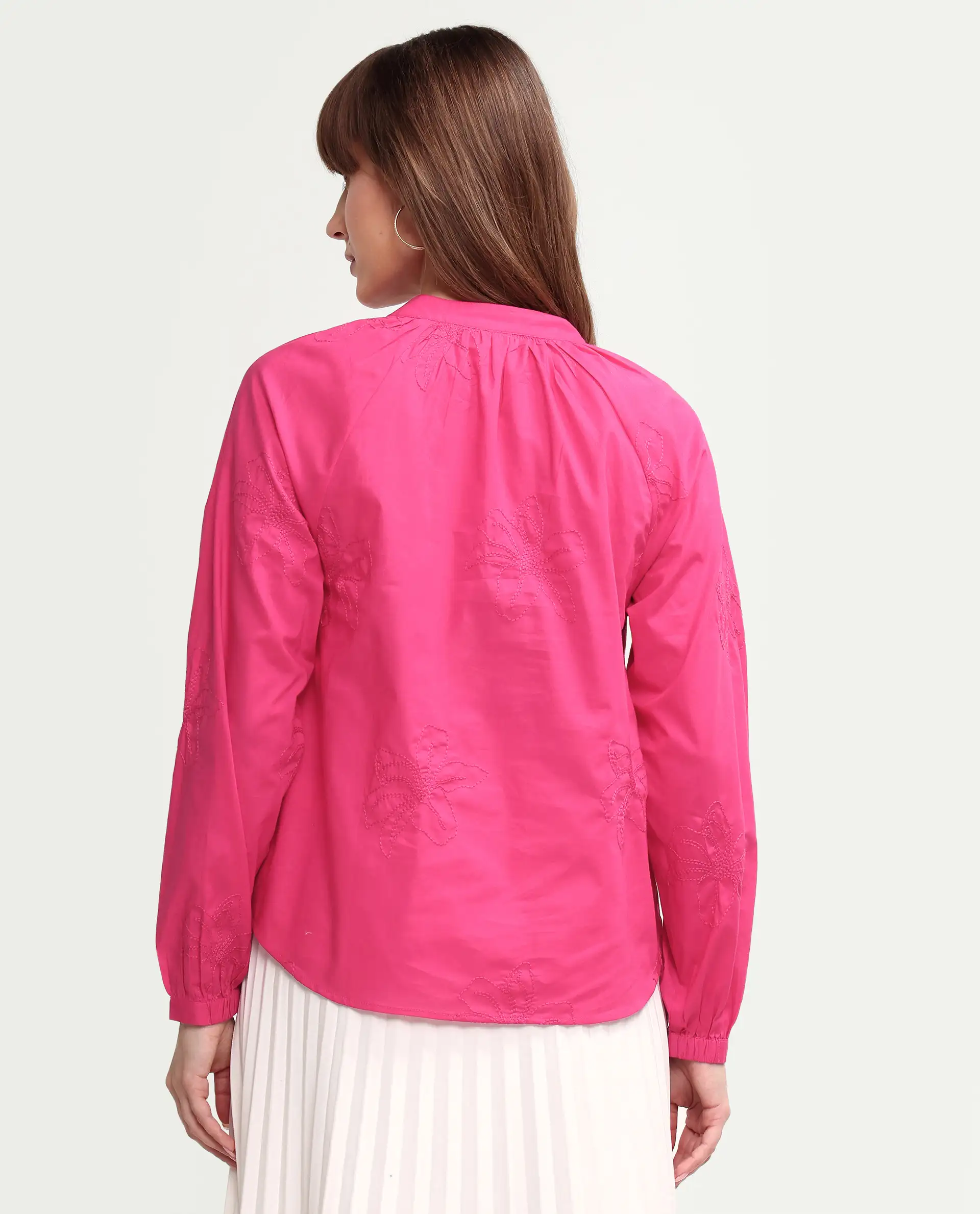 Rareism Women's Mabzi Pink Cotton Blend Full Sleeve Mandarin Collar Regular Embroidered Top - Image 7