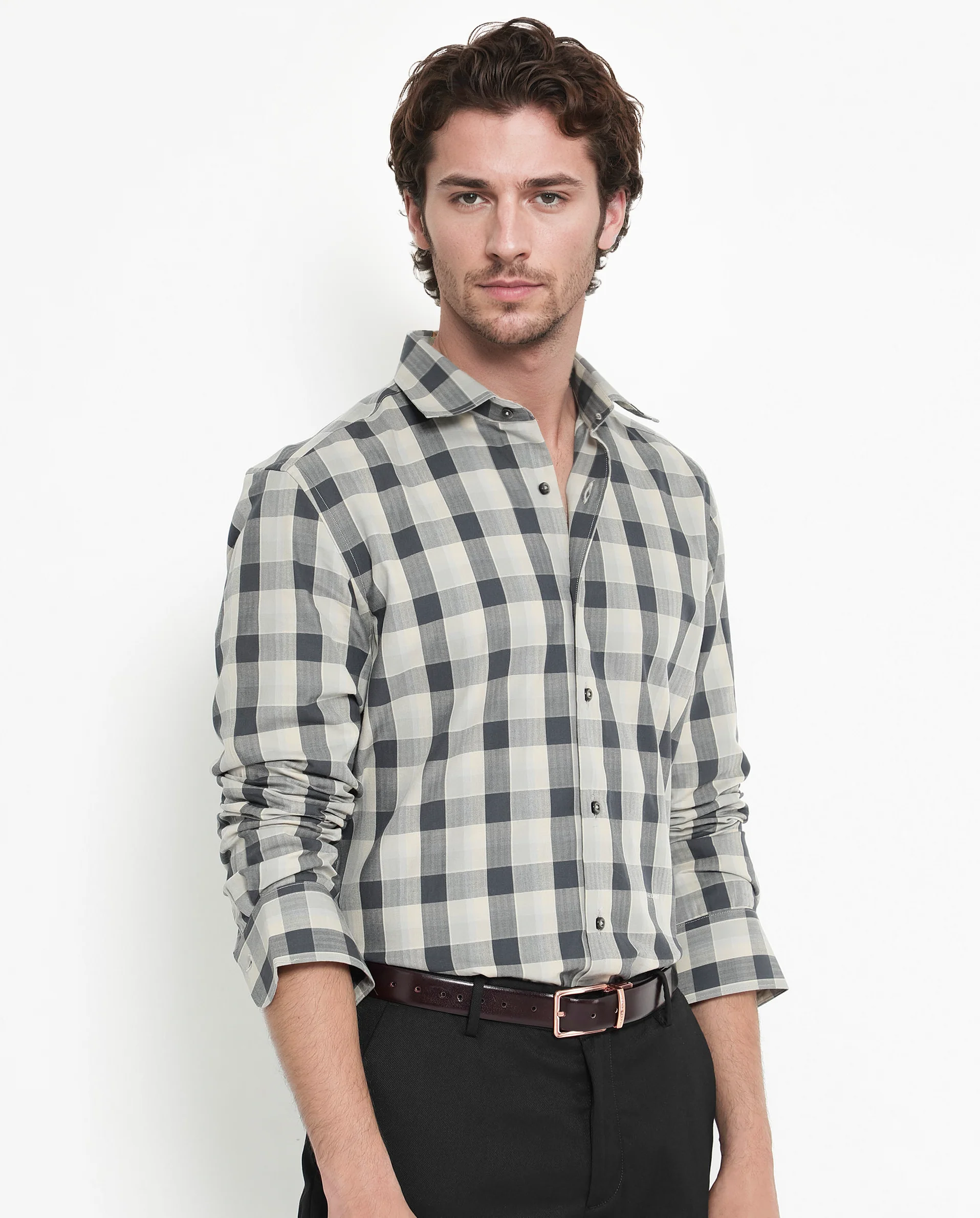 Rare Rabbit Men's Mac Grey Cotton Checked Print Regular Fit Full Sleeve Collared Shirt - Image 3