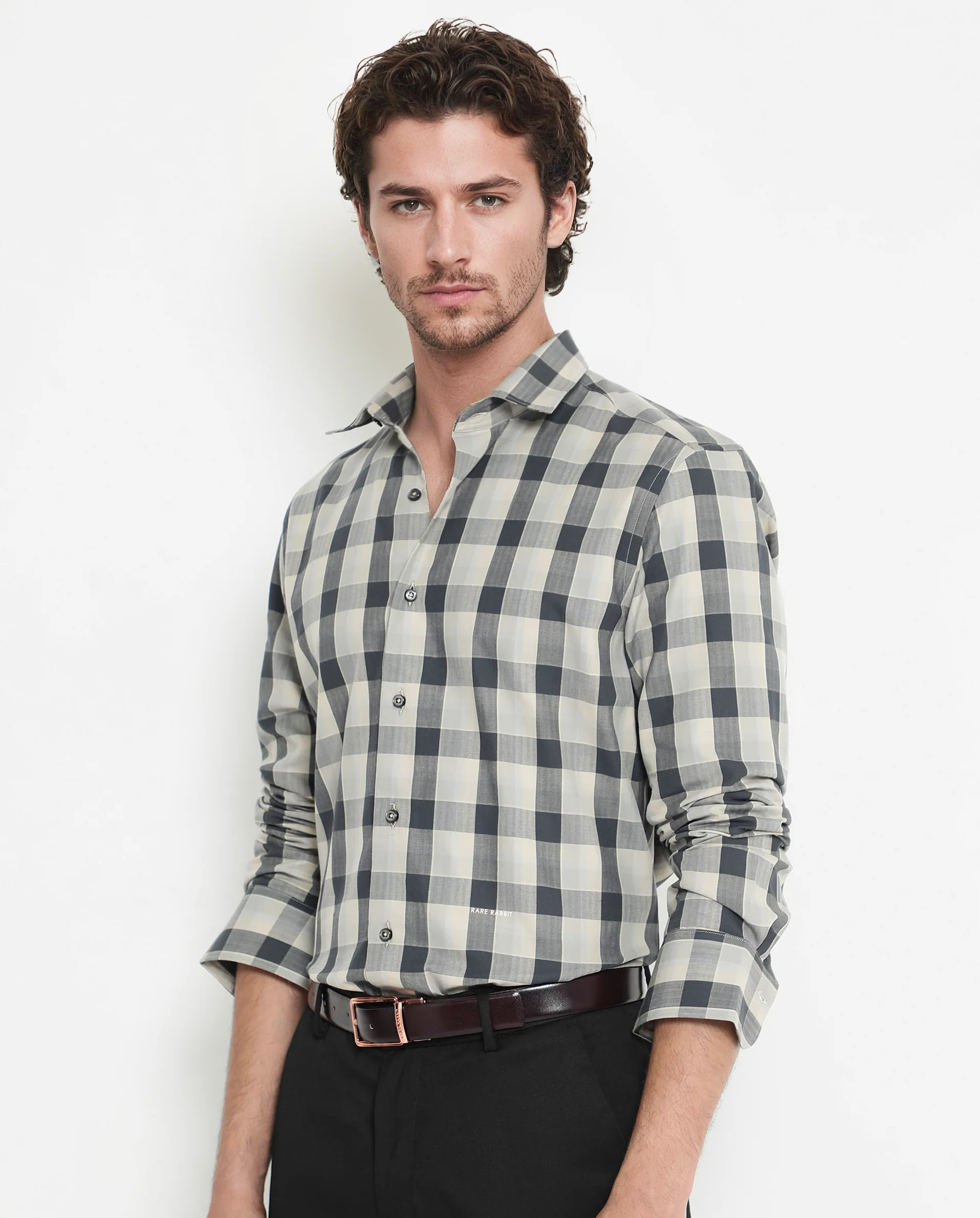 Rare Rabbit Men's Mac Grey Cotton Checked Print Regular Fit Full Sleeve Collared Shirt - Image 6