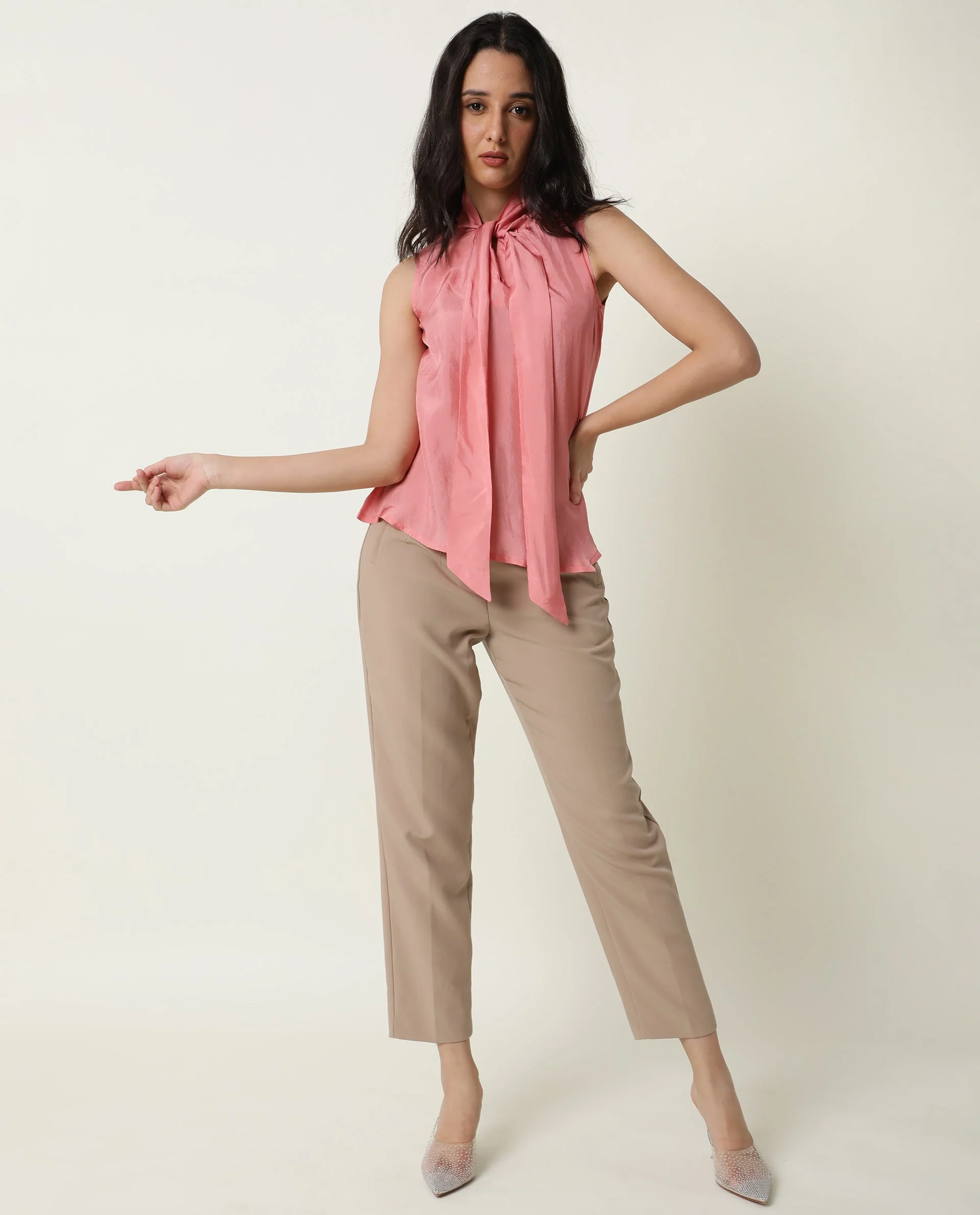 Rareism Women's Mac Pink Viscose Tie-Up Neck Plain Sleeveless Regular Fit Top - Image 2