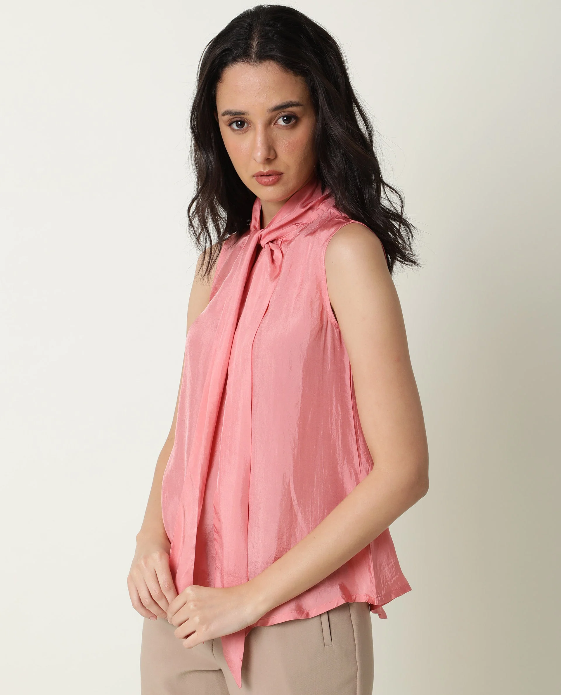 Rareism Women's Mac Pink Viscose Tie-Up Neck Plain Sleeveless Regular Fit Top - Image 3