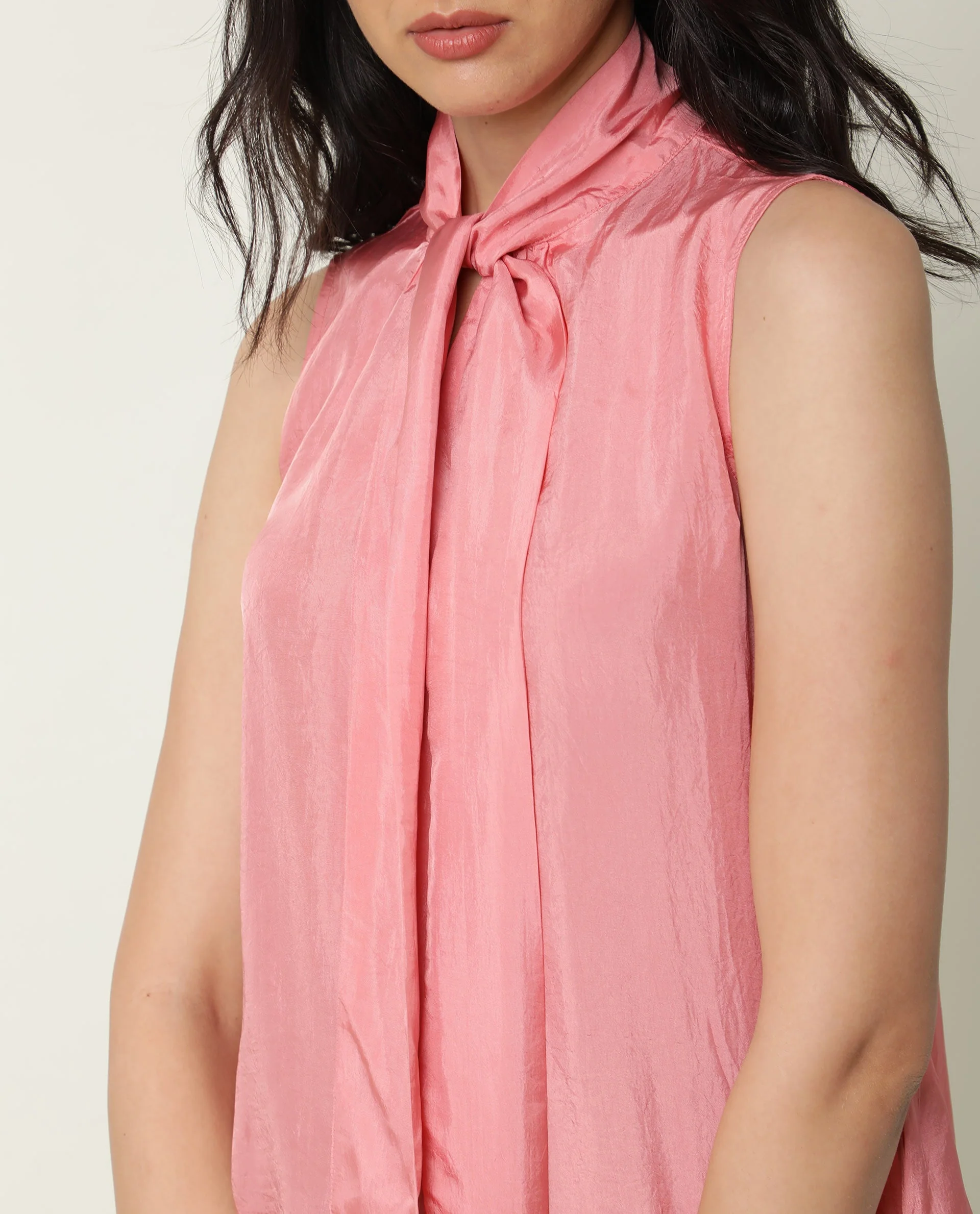 Rareism Women's Mac Pink Viscose Tie-Up Neck Plain Sleeveless Regular Fit Top - Image 4