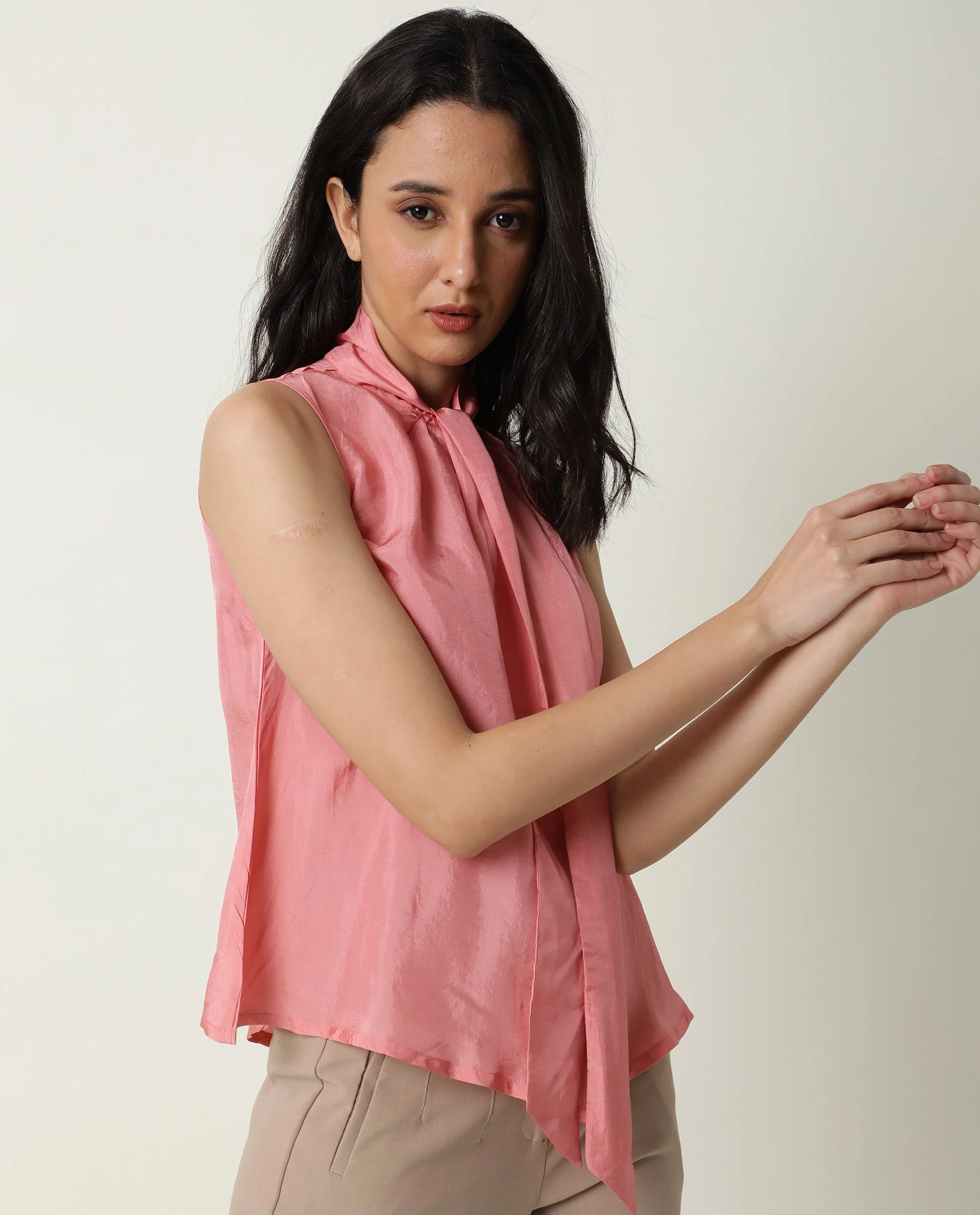 Rareism Women's Mac Pink Viscose Tie-Up Neck Plain Sleeveless Regular Fit Top - Image 5