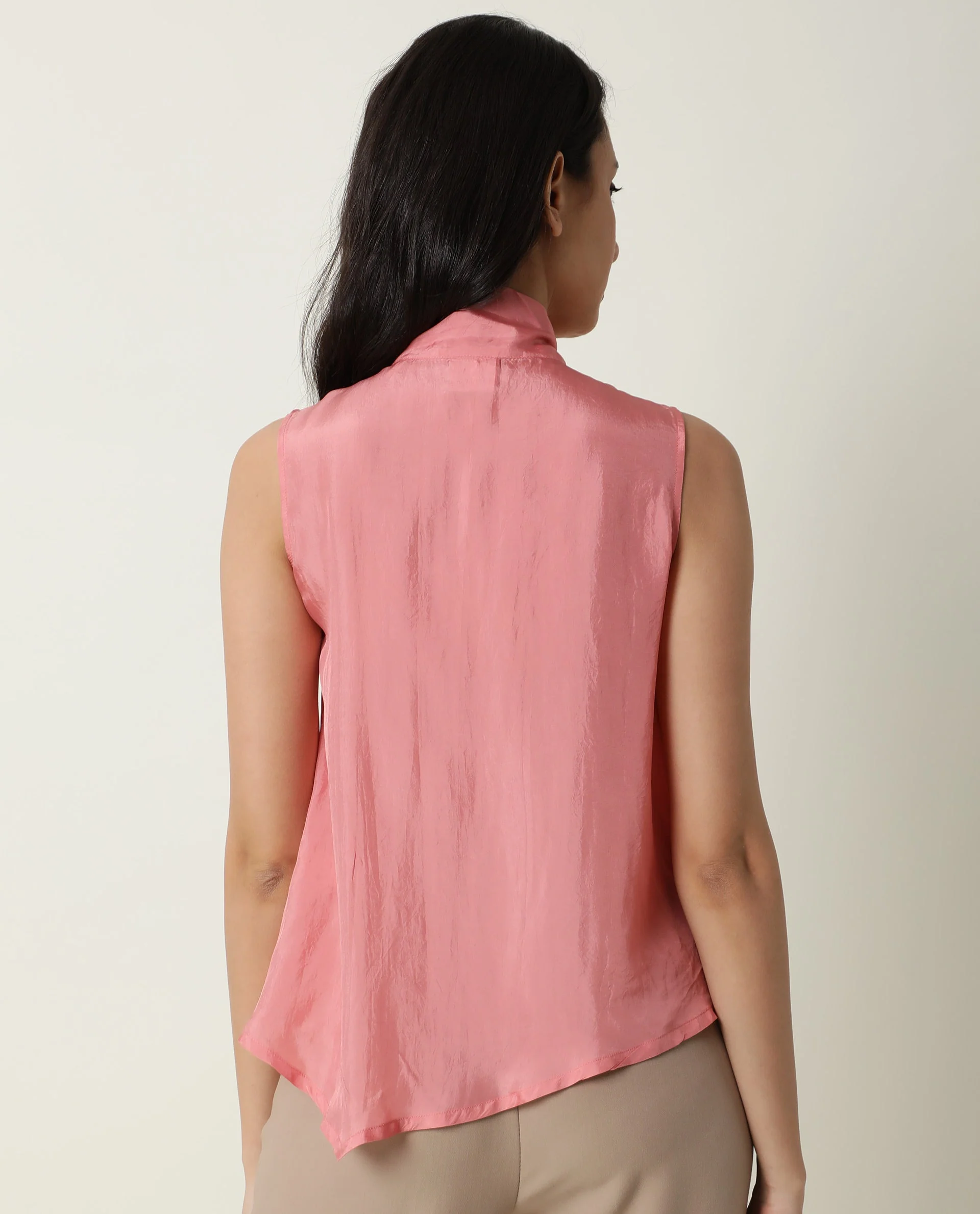 Rareism Women's Mac Pink Viscose Tie-Up Neck Plain Sleeveless Regular Fit Top - Image 6