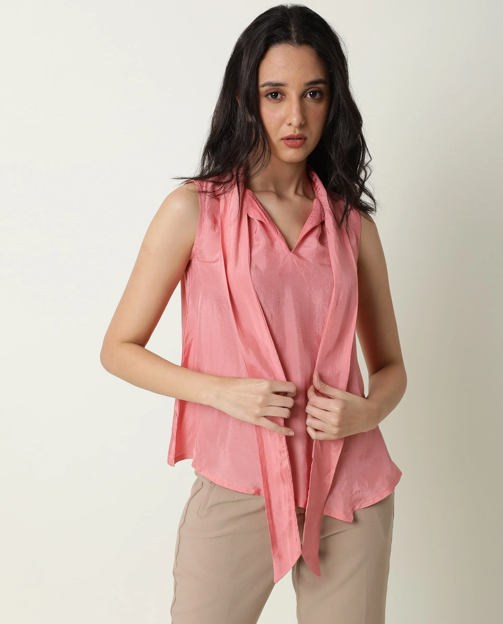 Rareism Women's Mac Pink Viscose Tie-Up Neck Plain Sleeveless Regular Fit Top - Image 7