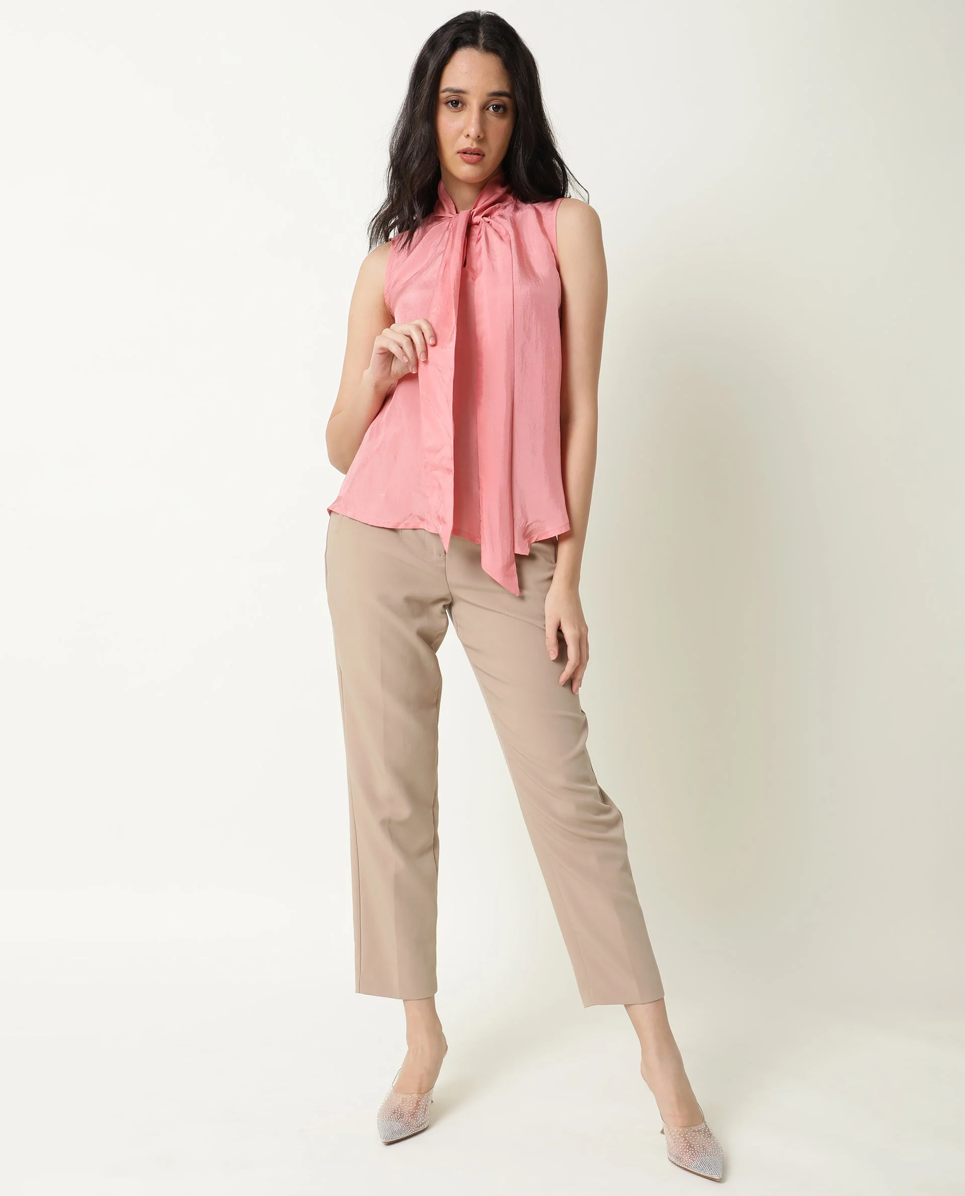 Rareism Women's Mac Pink Viscose Tie-Up Neck Plain Sleeveless Regular Fit Top - Image 8
