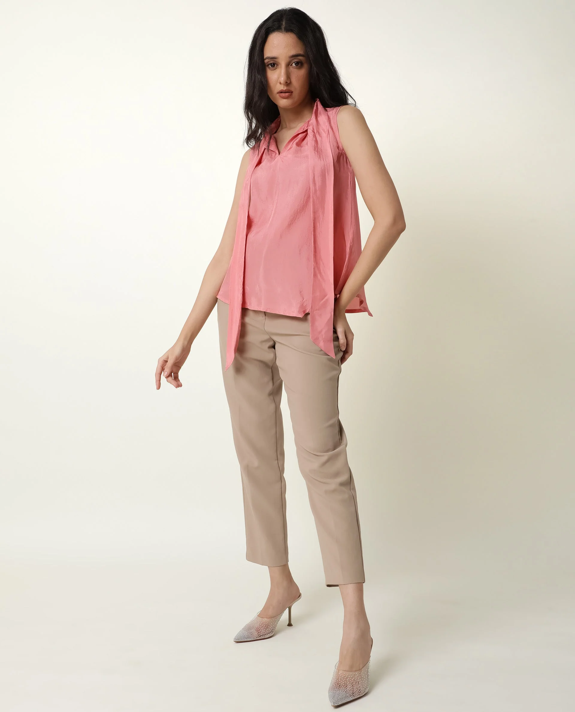Rareism Women's Mac Pink Viscose Tie-Up Neck Plain Sleeveless Regular Fit Top - Image 9