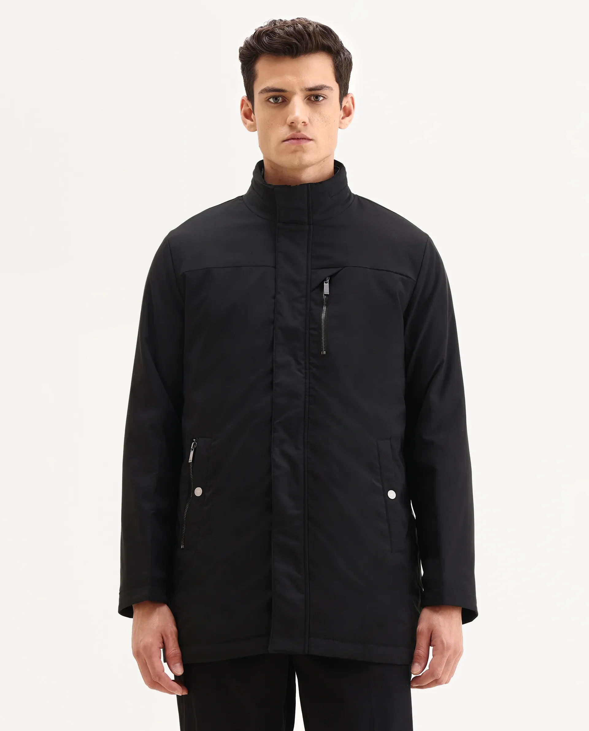 Rare Rabbit Men's Macaw-25 Black Polyester Plain Regular Fit Full Sleeve High Neck Jacket - Image 4