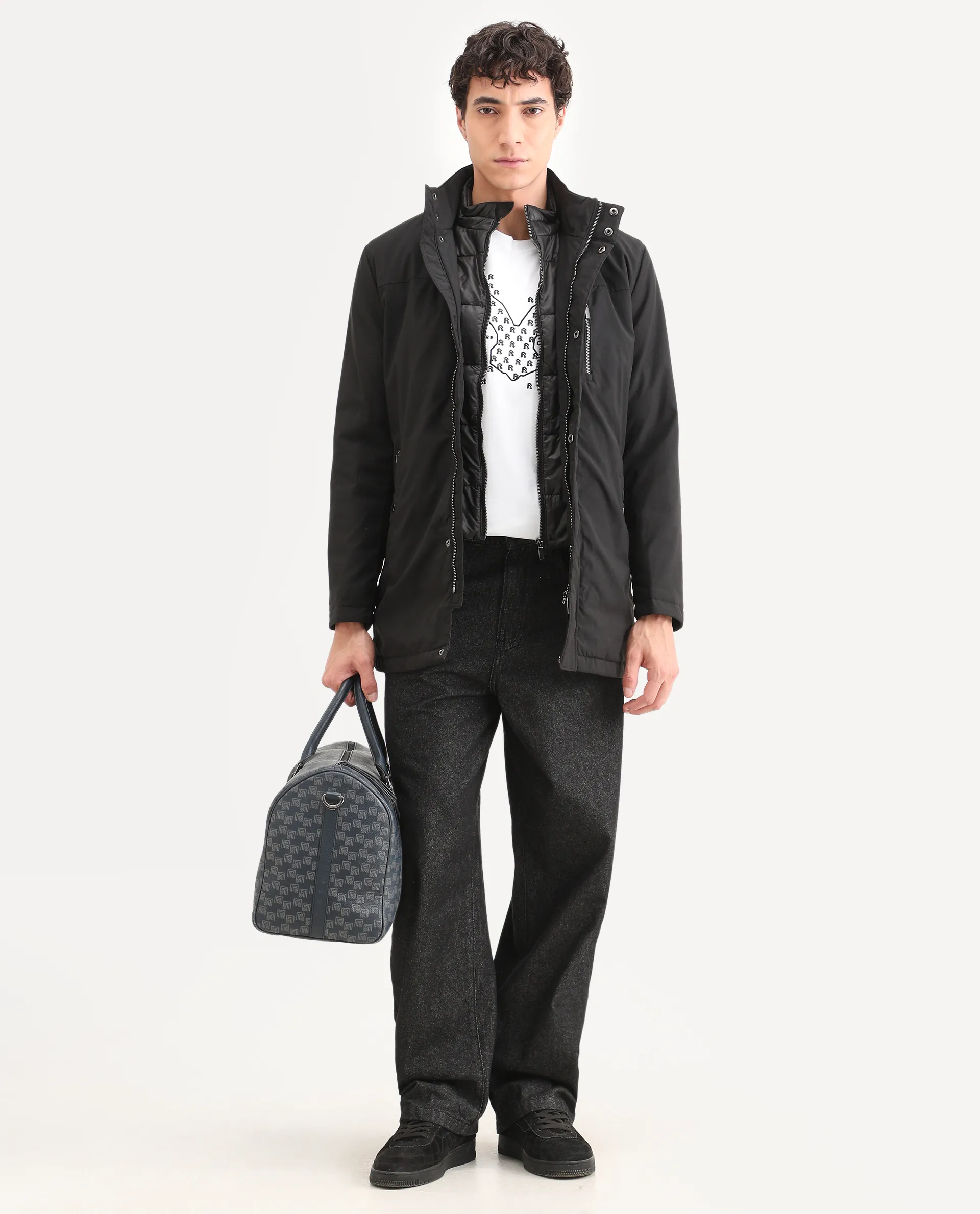 Rare Rabbit Men's Macaw Black Polyester Plain Regular Fit Full Sleeve High Neck Jacket - Image 2