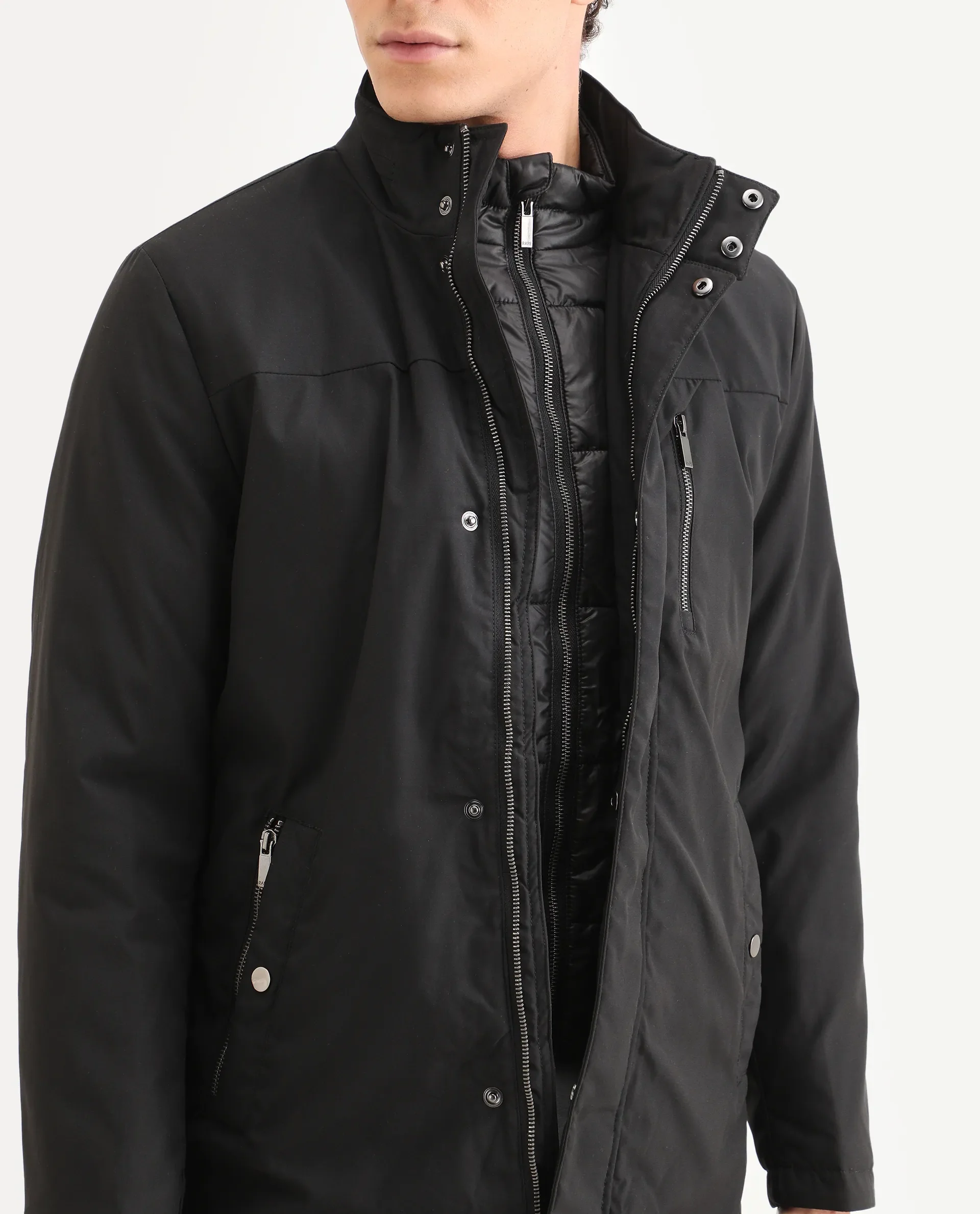 Rare Rabbit Men's Macaw Black Polyester Plain Regular Fit Full Sleeve High Neck Jacket - Image 3