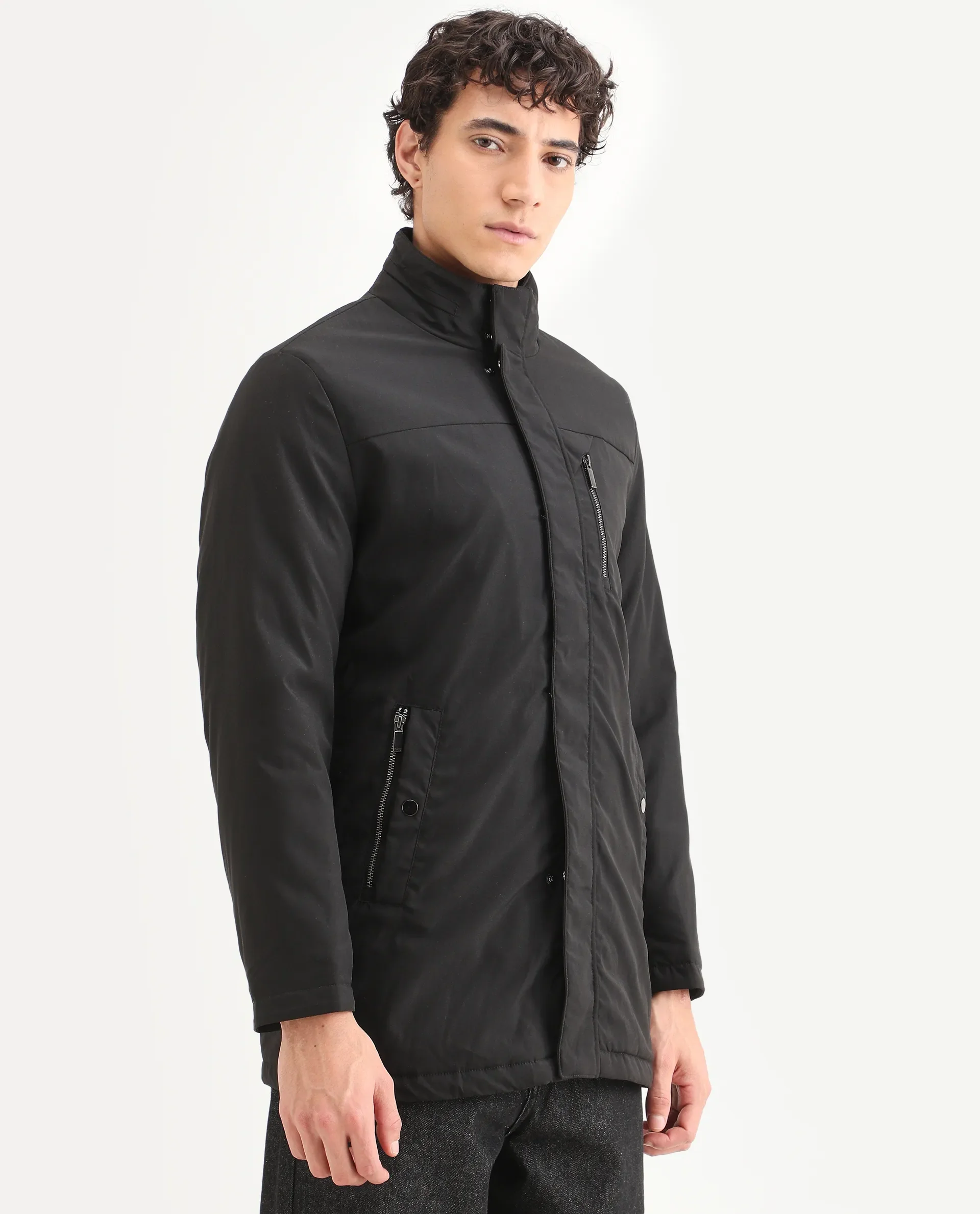 Rare Rabbit Men's Macaw Black Polyester Plain Regular Fit Full Sleeve High Neck Jacket - Image 4