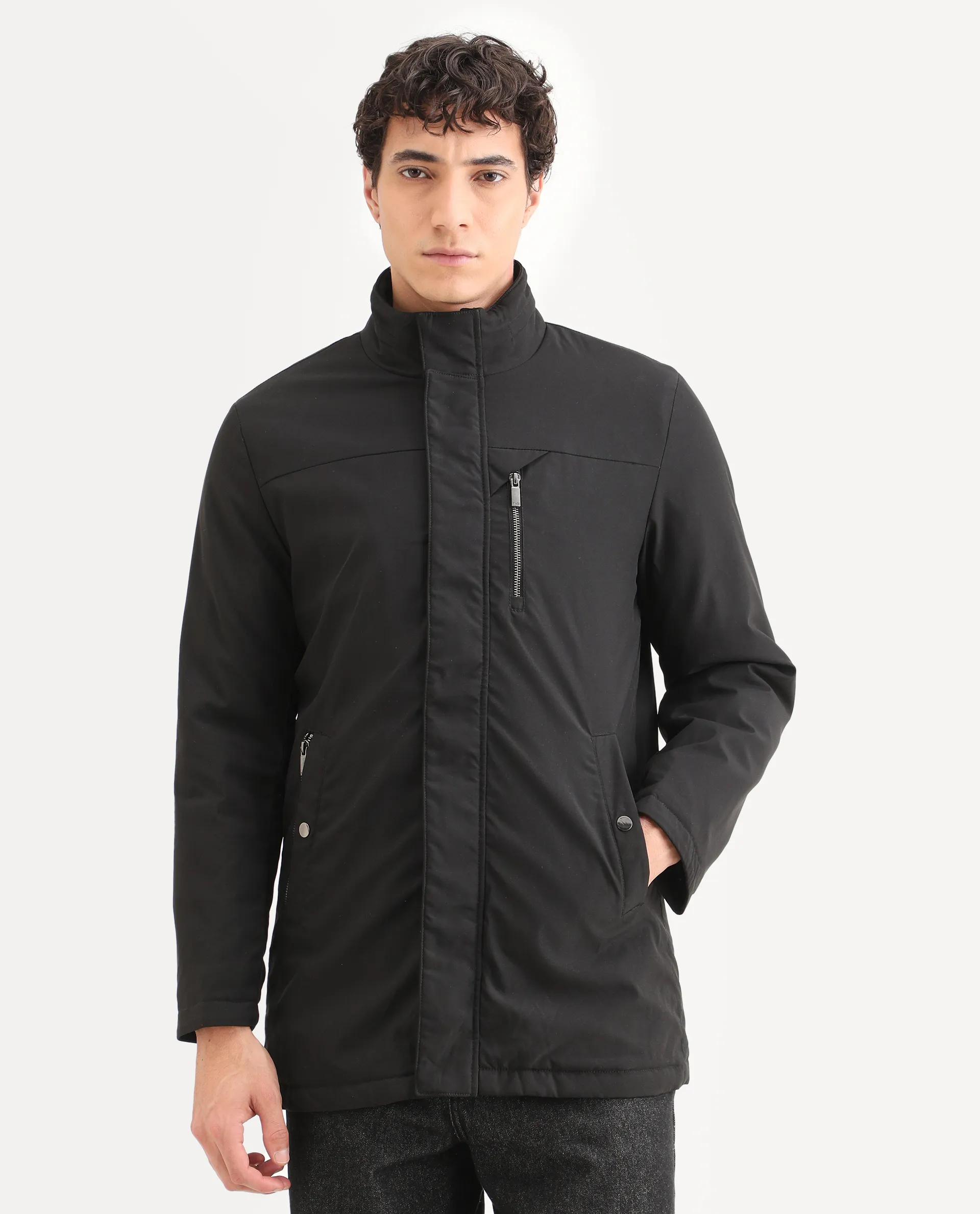Rare Rabbit Men's Macaw Black Polyester Plain Regular Fit Full Sleeve High Neck Jacket - Image 6