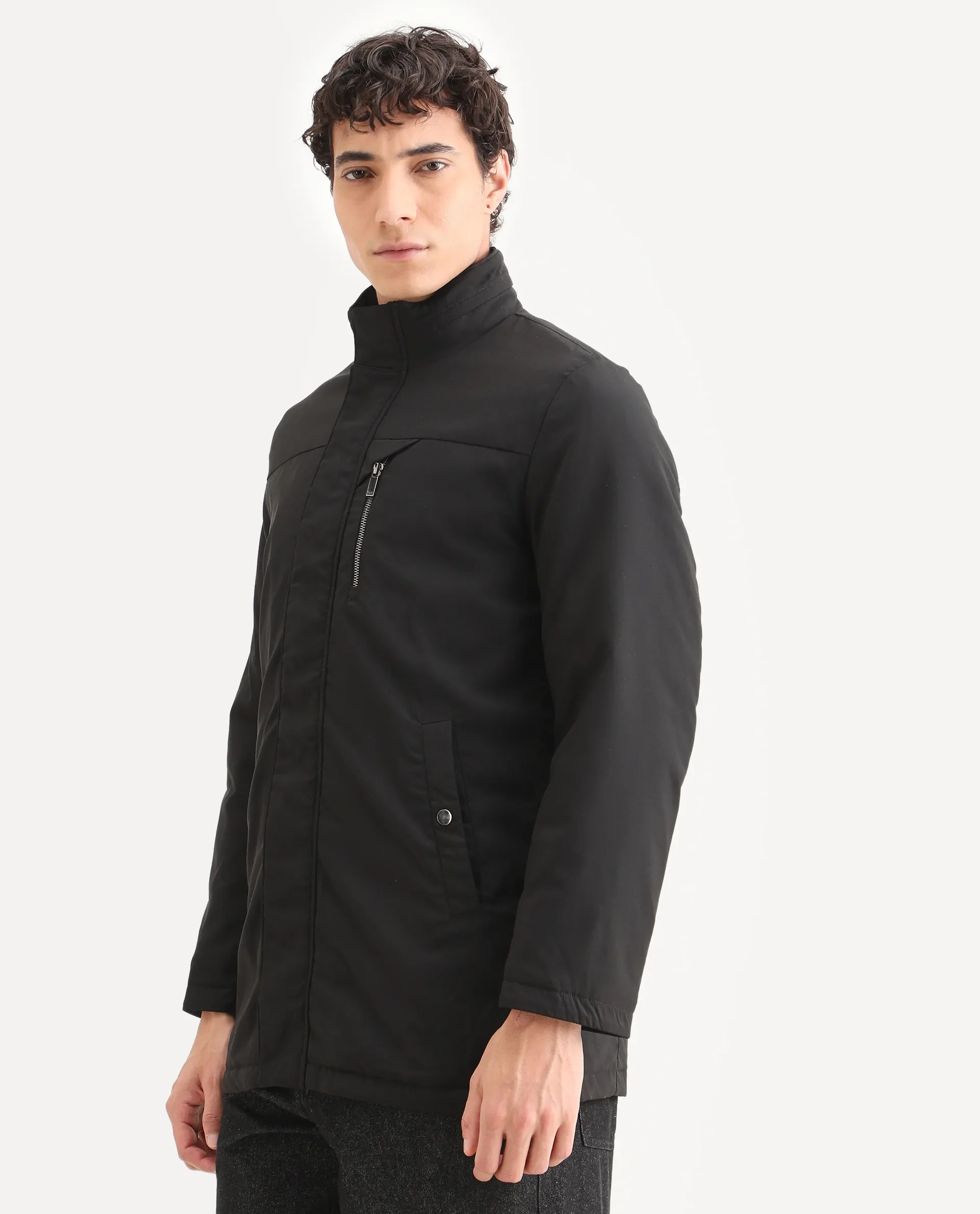 Rare Rabbit Men's Macaw Black Polyester Plain Regular Fit Full Sleeve High Neck Jacket - Image 7