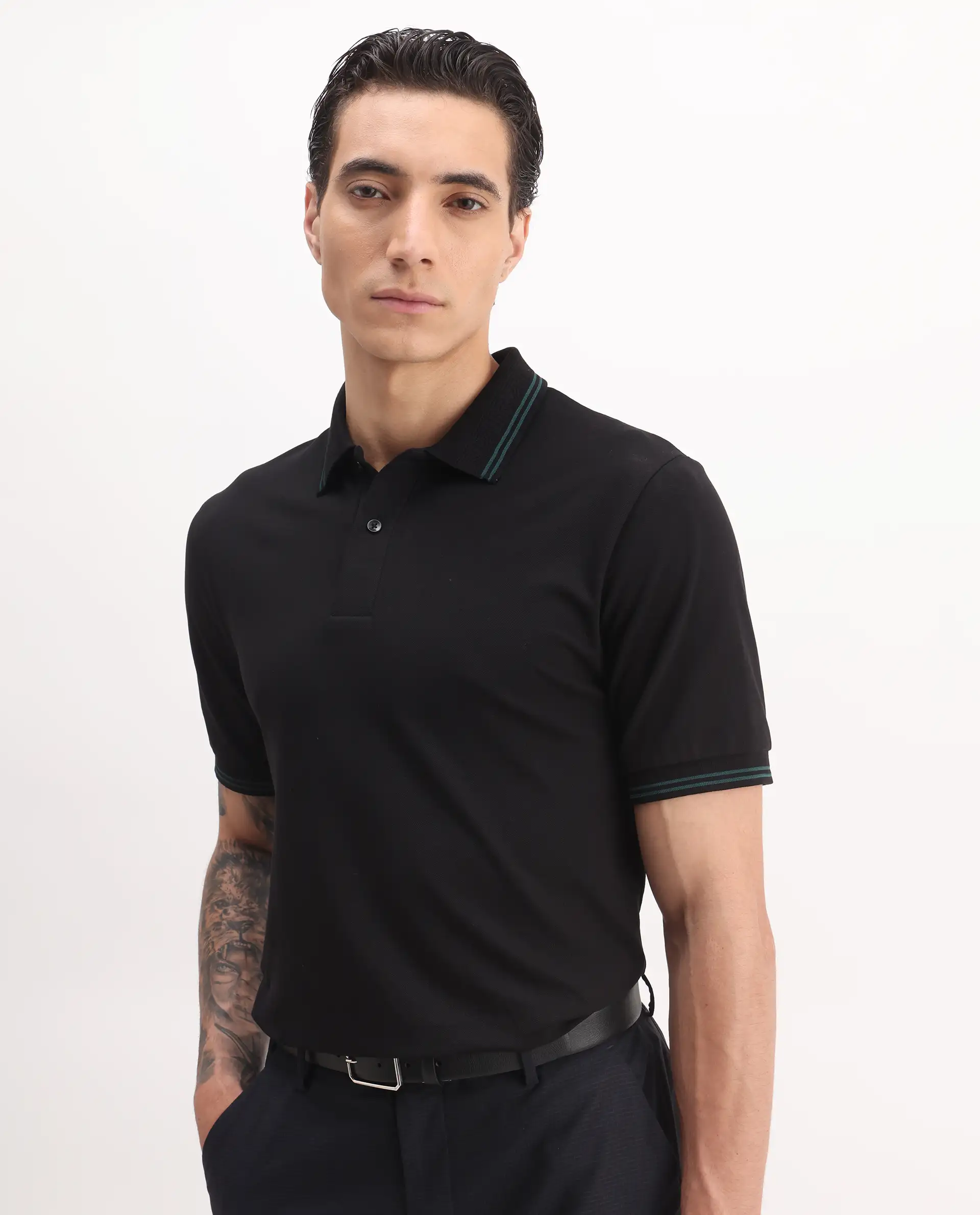 Rare Rabbit Men's Mace Black Cotton Blend Plain Regular Fit Half Sleeve Polo