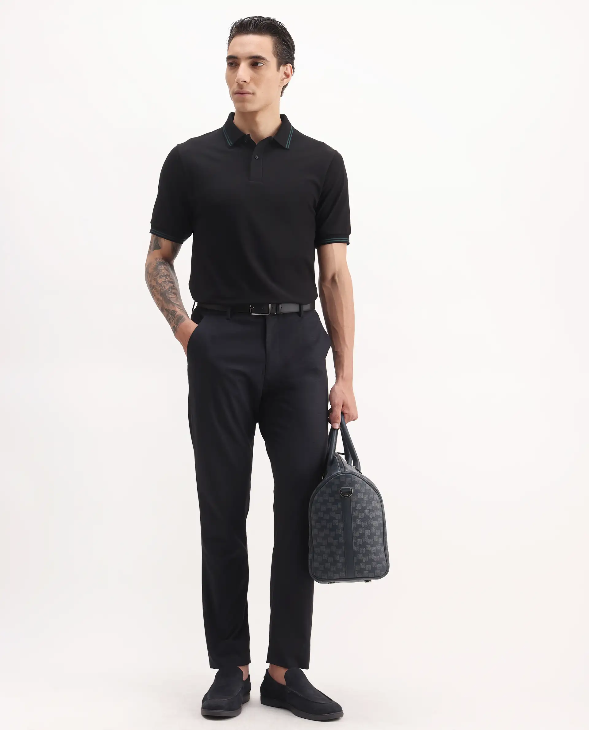 Rare Rabbit Men's Mace Black Cotton Blend Plain Regular Fit Half Sleeve Polo - Image 2