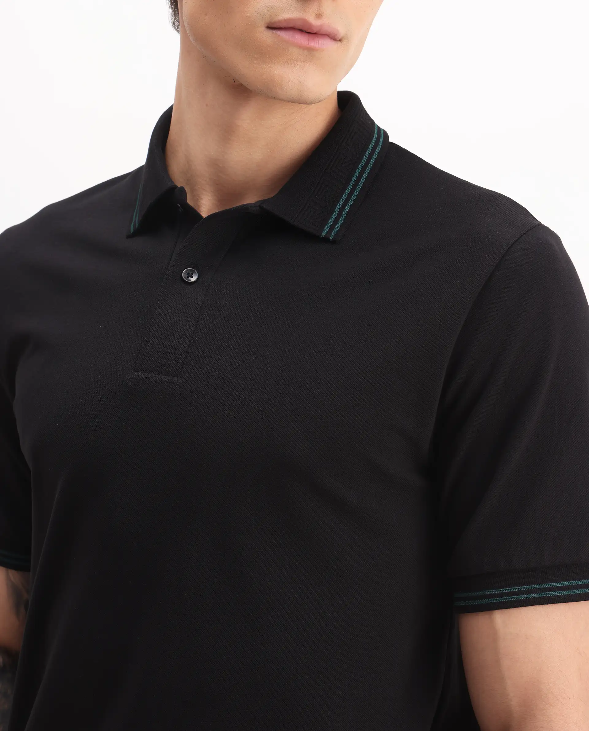 Rare Rabbit Men's Mace Black Cotton Blend Plain Regular Fit Half Sleeve Polo - Image 3