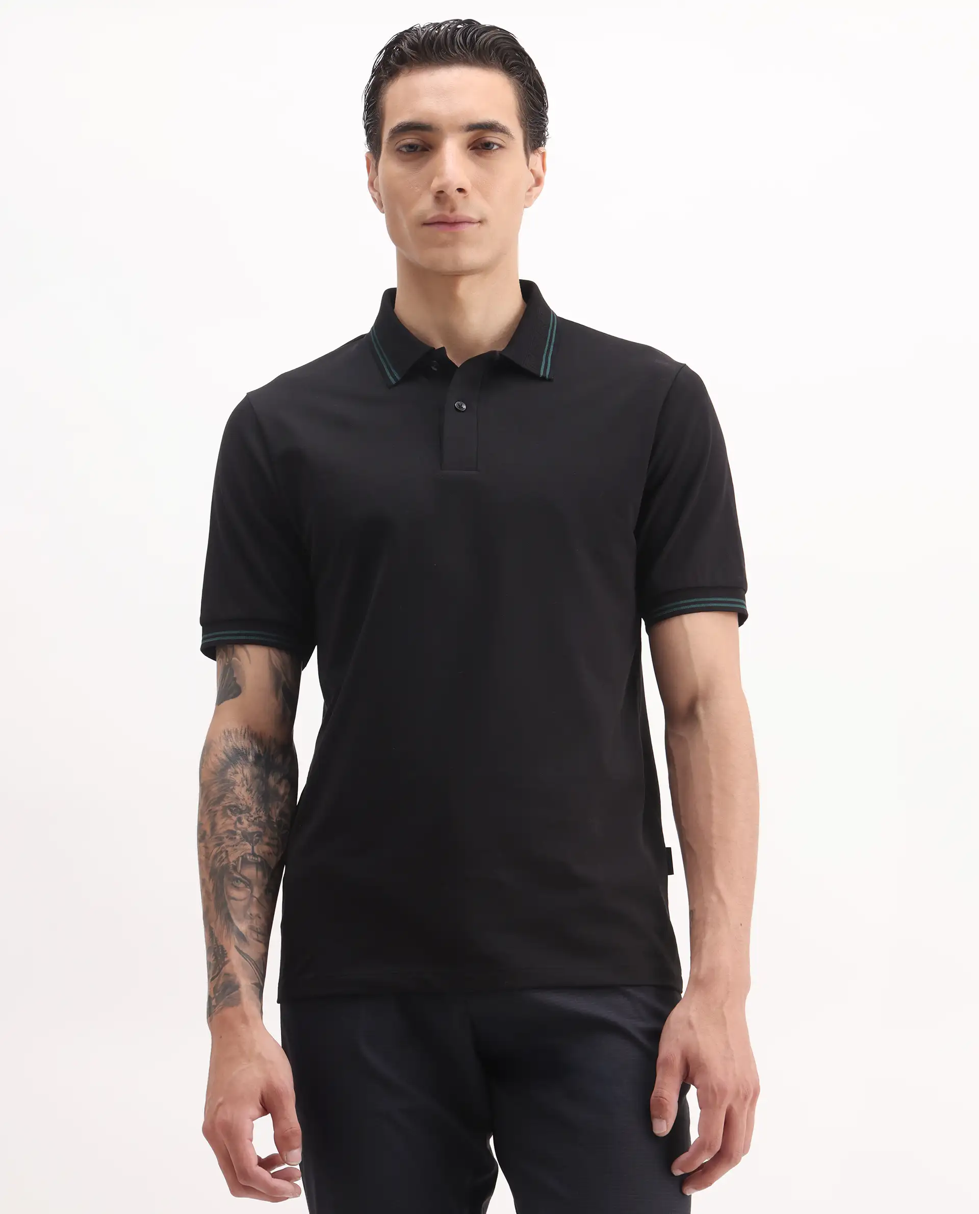 Rare Rabbit Men's Mace Black Cotton Blend Plain Regular Fit Half Sleeve Polo - Image 4