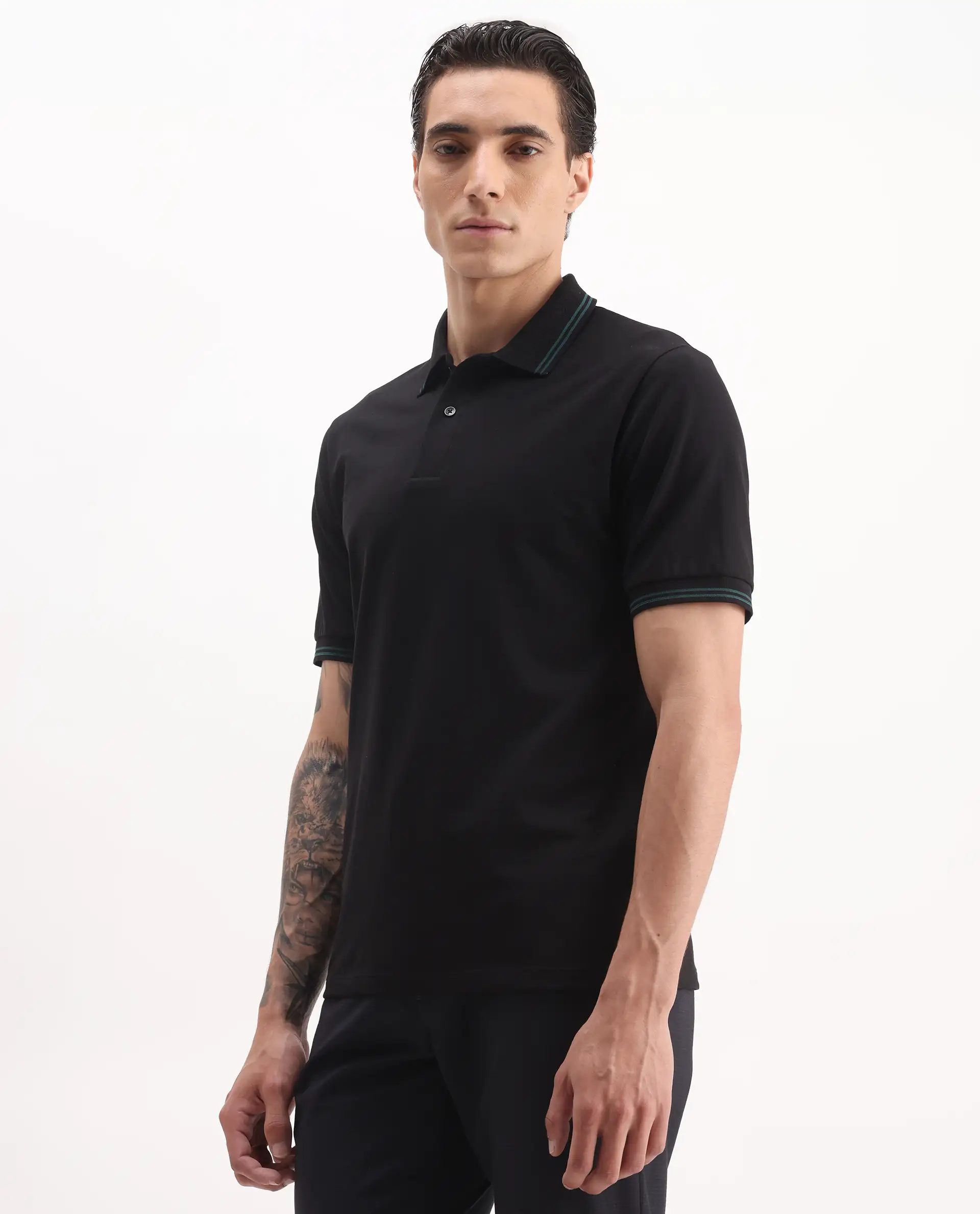 Rare Rabbit Men's Mace Black Cotton Blend Plain Regular Fit Half Sleeve Polo - Image 5