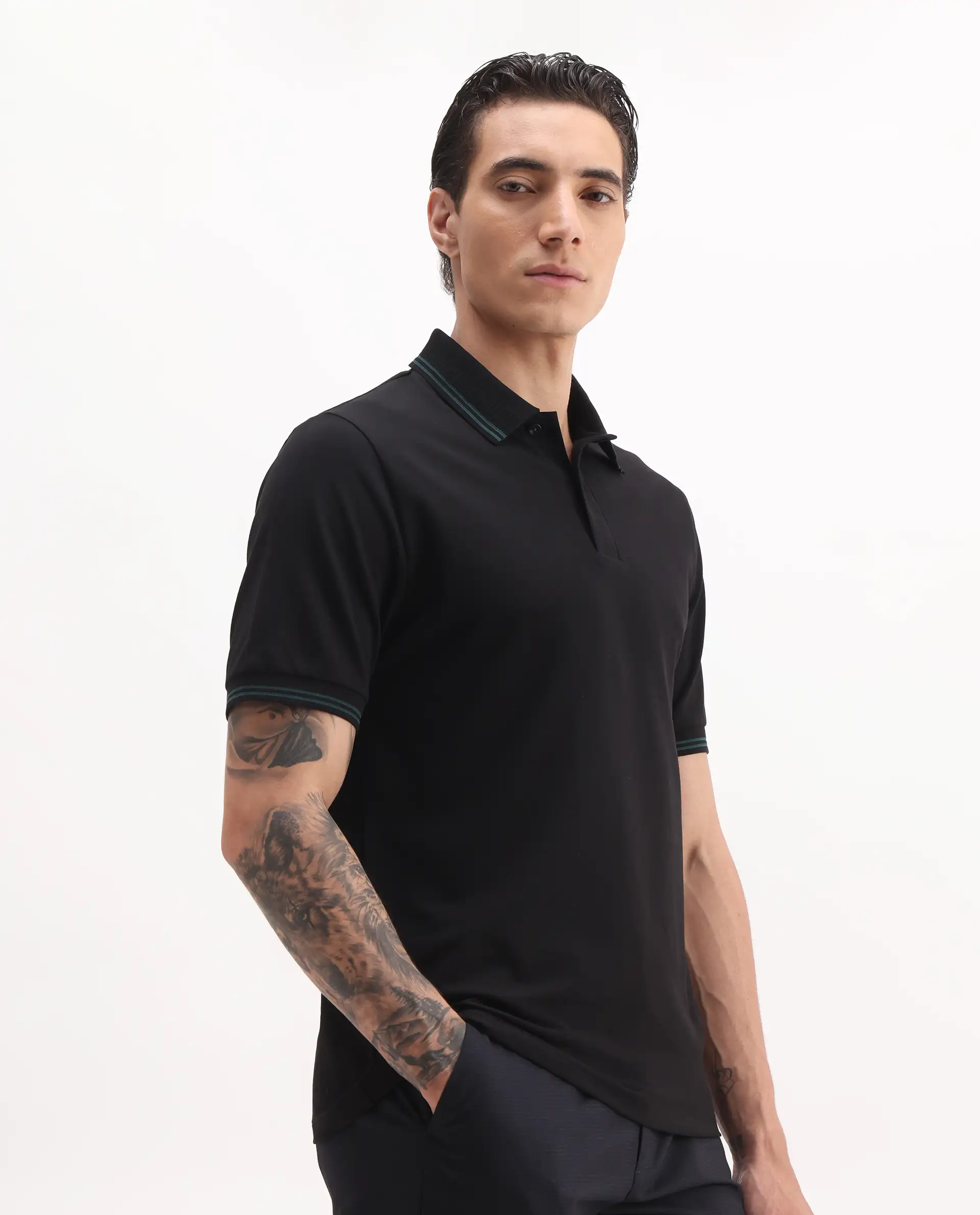 Rare Rabbit Men's Mace Black Cotton Blend Plain Regular Fit Half Sleeve Polo - Image 6