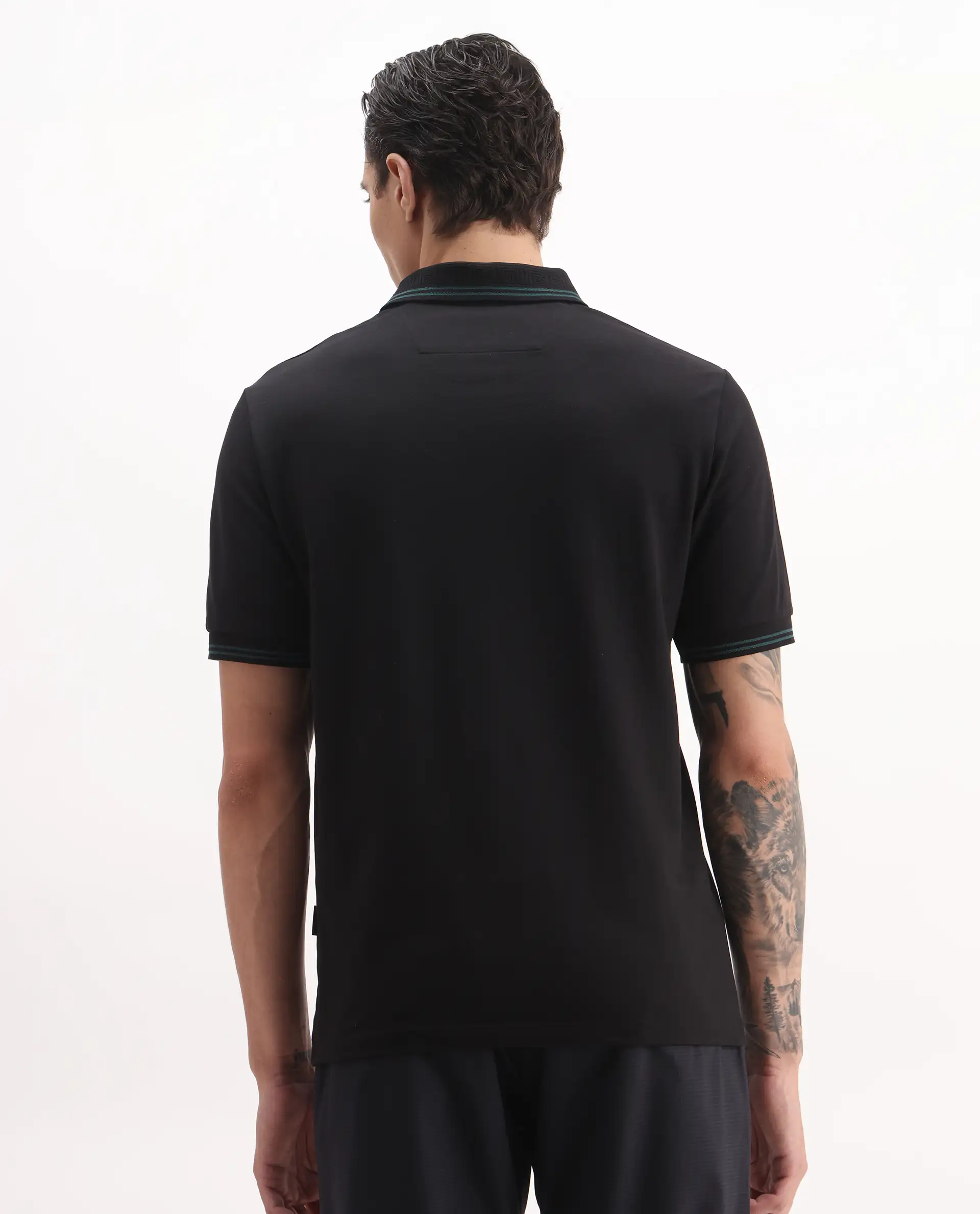 Rare Rabbit Men's Mace Black Cotton Blend Plain Regular Fit Half Sleeve Polo - Image 7
