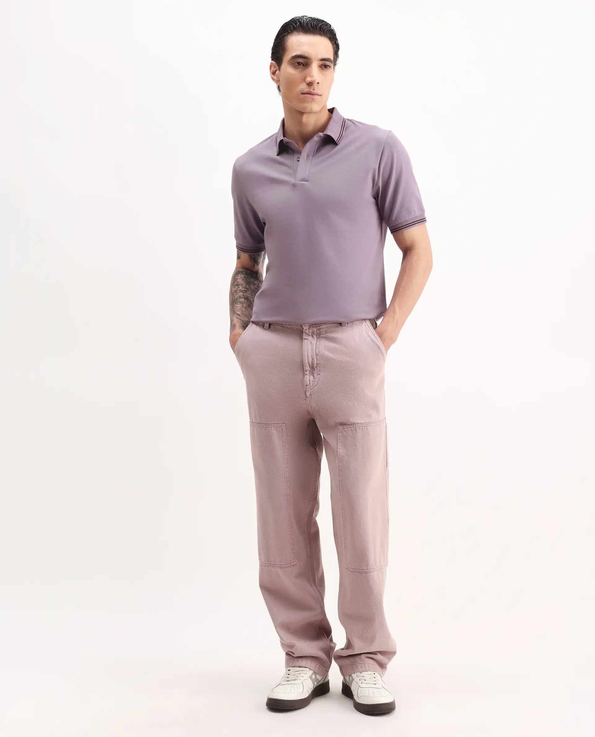 Rare Rabbit Men's Mace Dusky Purple Cotton Blend Plain Regular Fit Half Sleeve Polo - Image 2