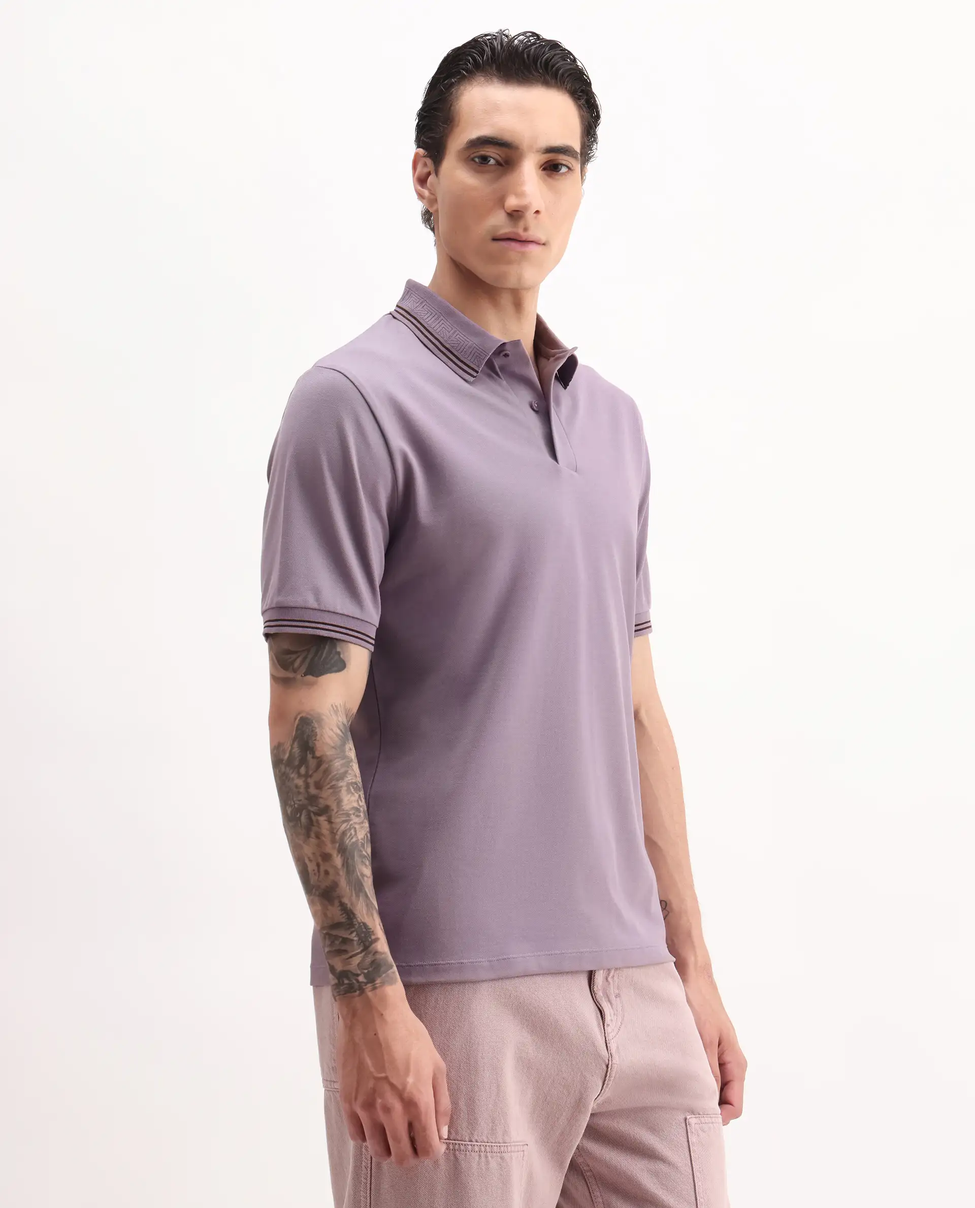 Rare Rabbit Men's Mace Dusky Purple Cotton Blend Plain Regular Fit Half Sleeve Polo - Image 4