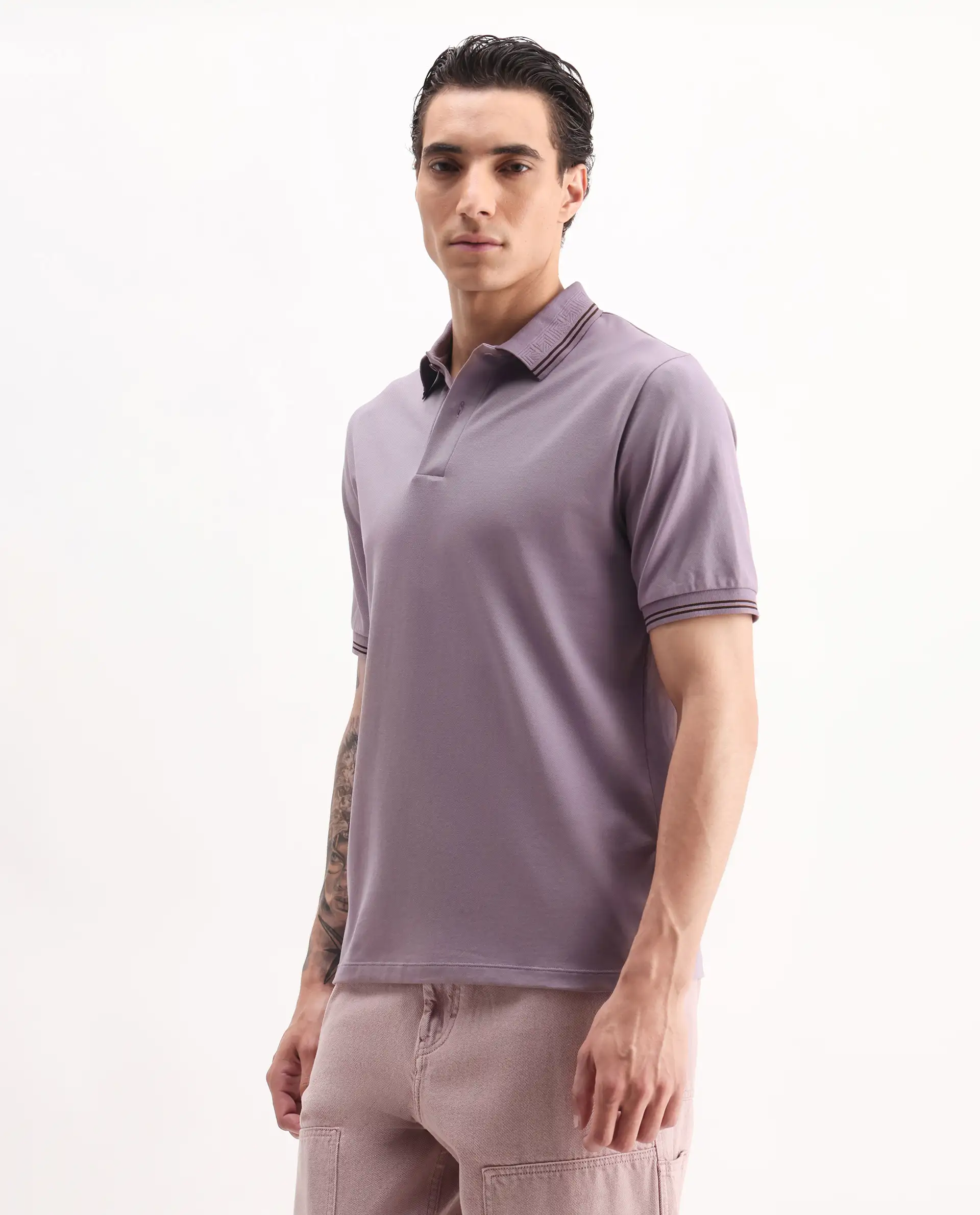 Rare Rabbit Men's Mace Dusky Purple Cotton Blend Plain Regular Fit Half Sleeve Polo - Image 5