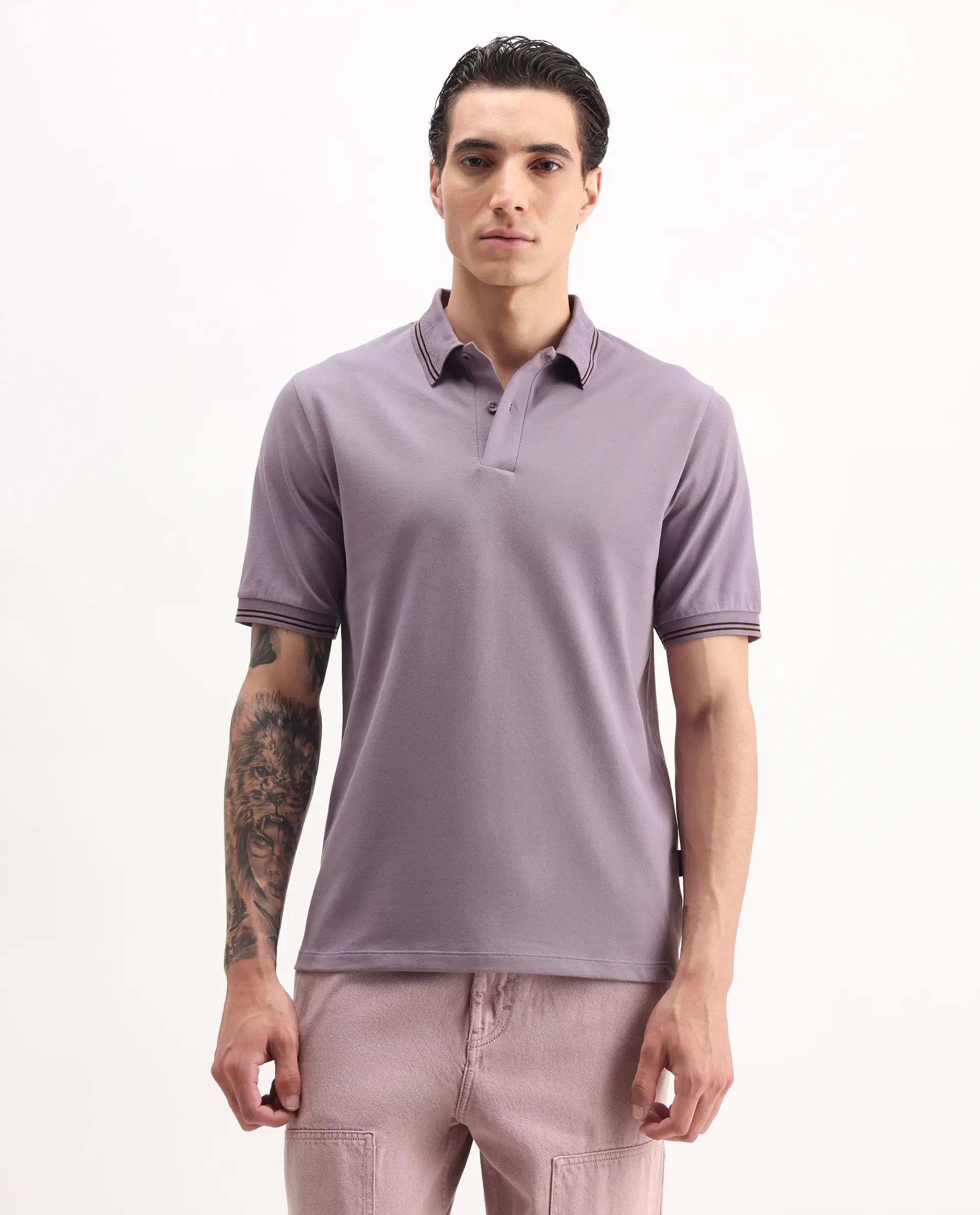 Rare Rabbit Men's Mace Dusky Purple Cotton Blend Plain Regular Fit Half Sleeve Polo - Image 6