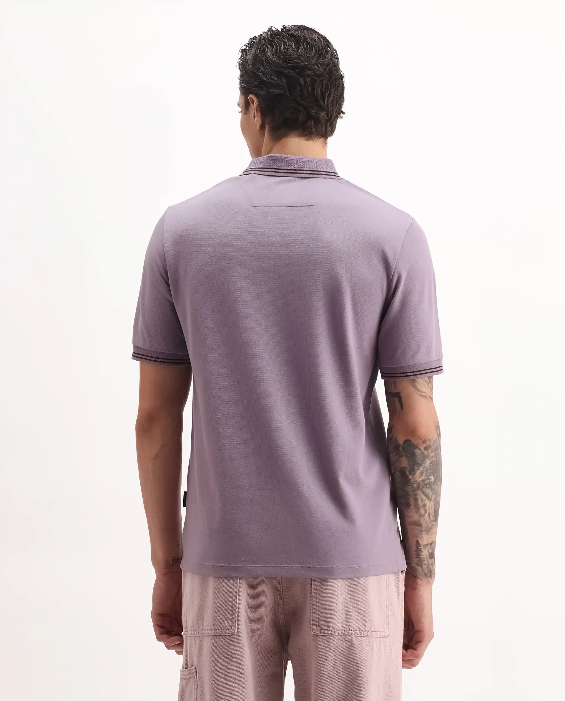 Rare Rabbit Men's Mace Dusky Purple Cotton Blend Plain Regular Fit Half Sleeve Polo - Image 7