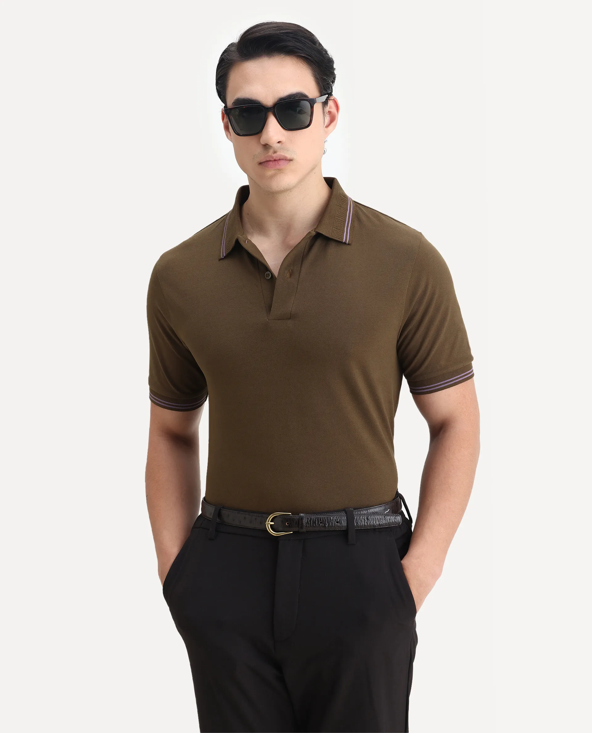 Rare Rabbit Men's Mace Olive Cotton Blend Plain Regular Fit Half Sleeve Polo