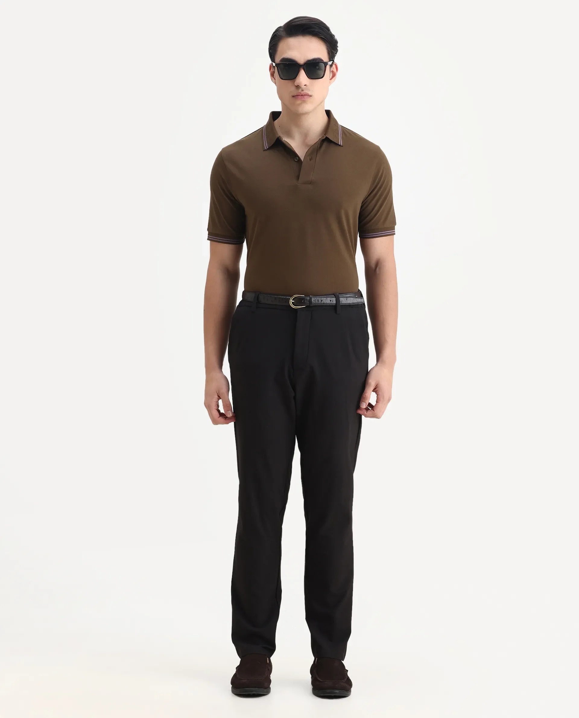 Rare Rabbit Men's Mace Olive Cotton Blend Plain Regular Fit Half Sleeve Polo - Image 2