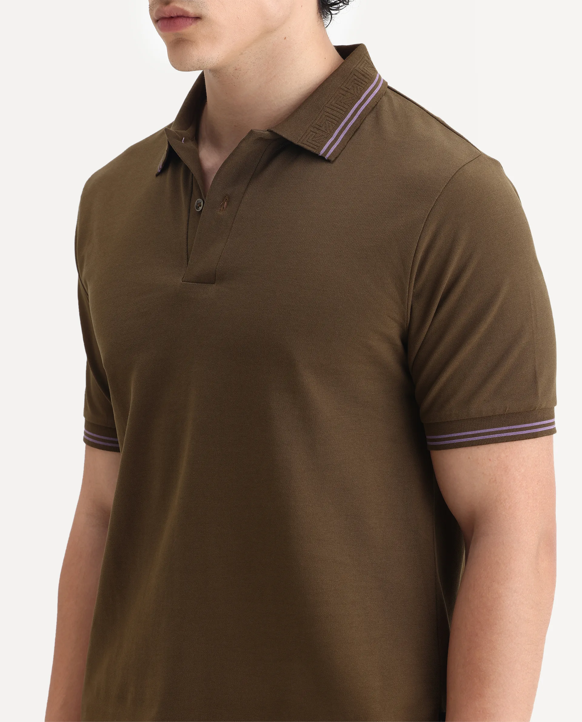 Rare Rabbit Men's Mace Olive Cotton Blend Plain Regular Fit Half Sleeve Polo - Image 3