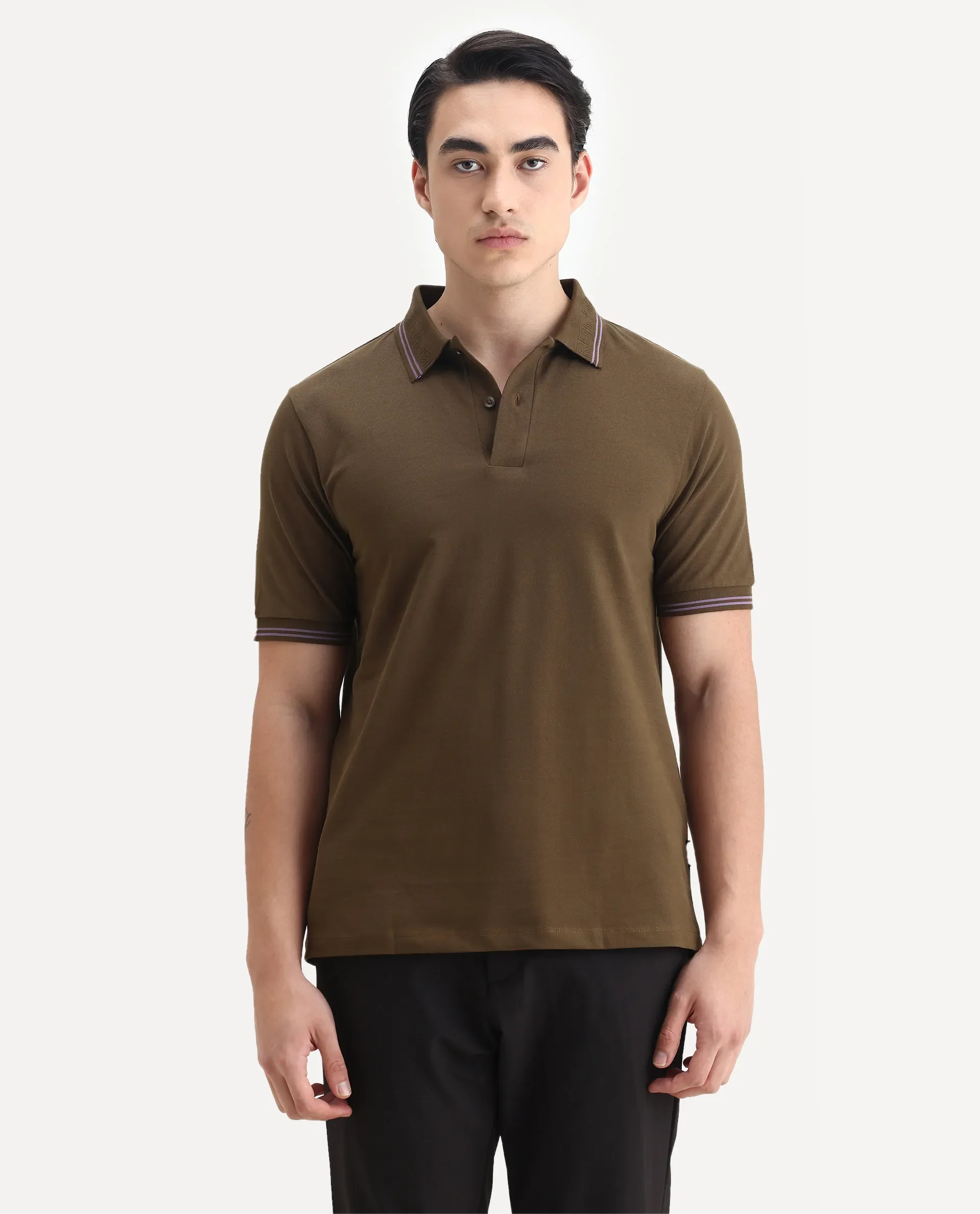 Rare Rabbit Men's Mace Olive Cotton Blend Plain Regular Fit Half Sleeve Polo - Image 4