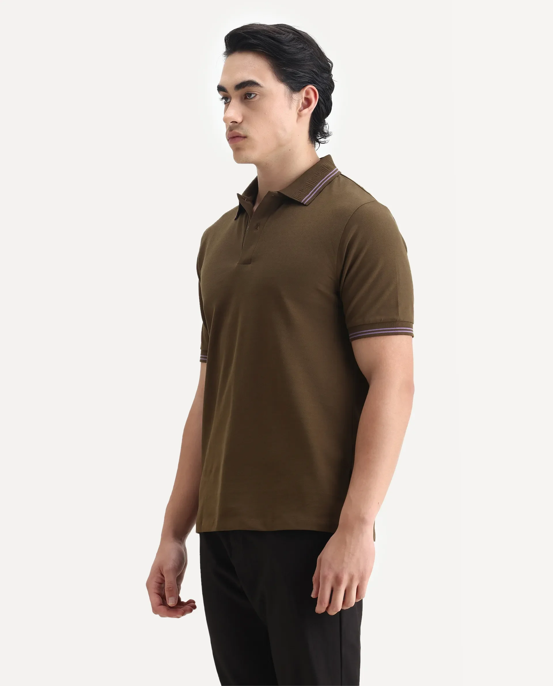 Rare Rabbit Men's Mace Olive Cotton Blend Plain Regular Fit Half Sleeve Polo - Image 5