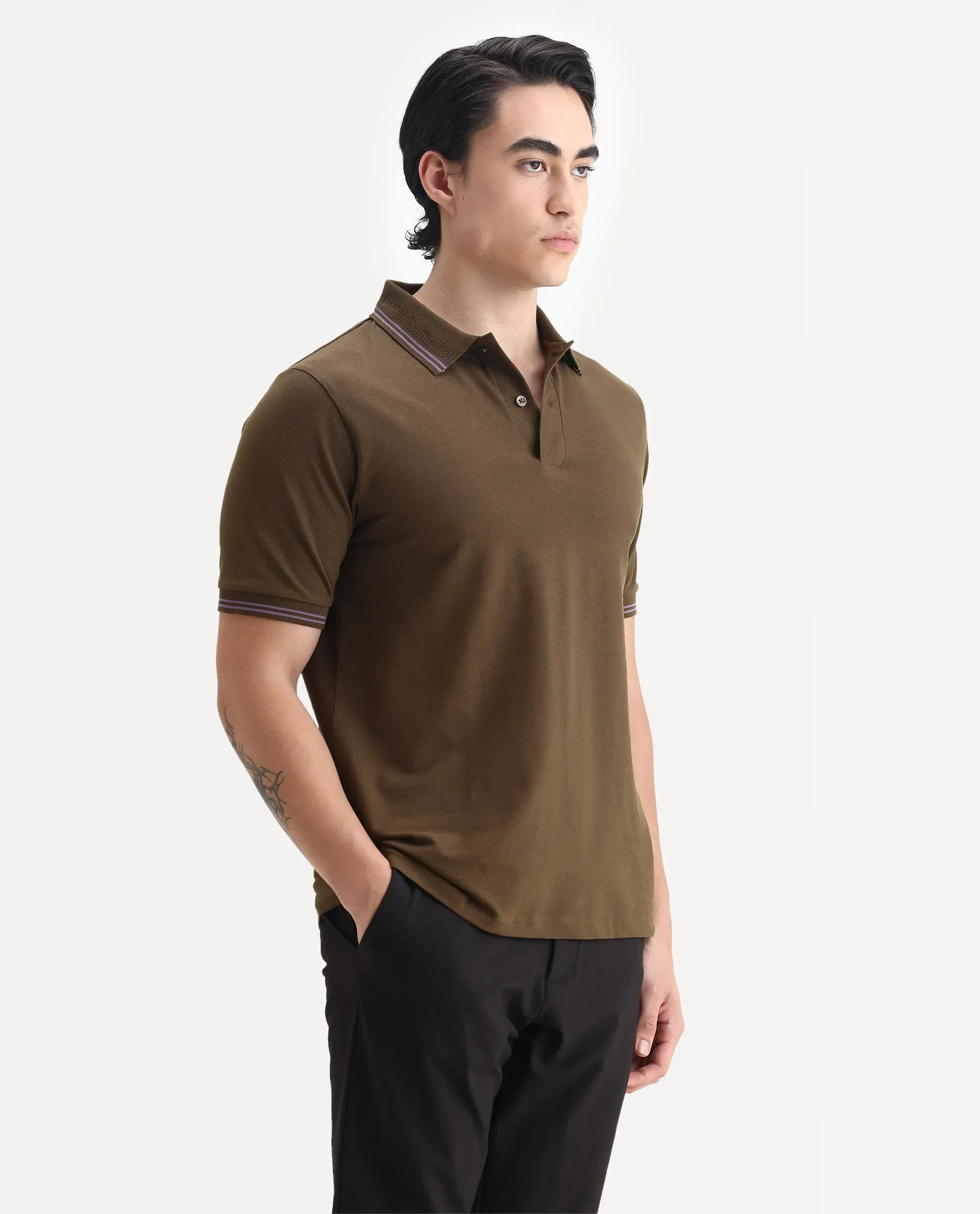 Rare Rabbit Men's Mace Olive Cotton Blend Plain Regular Fit Half Sleeve Polo - Image 6