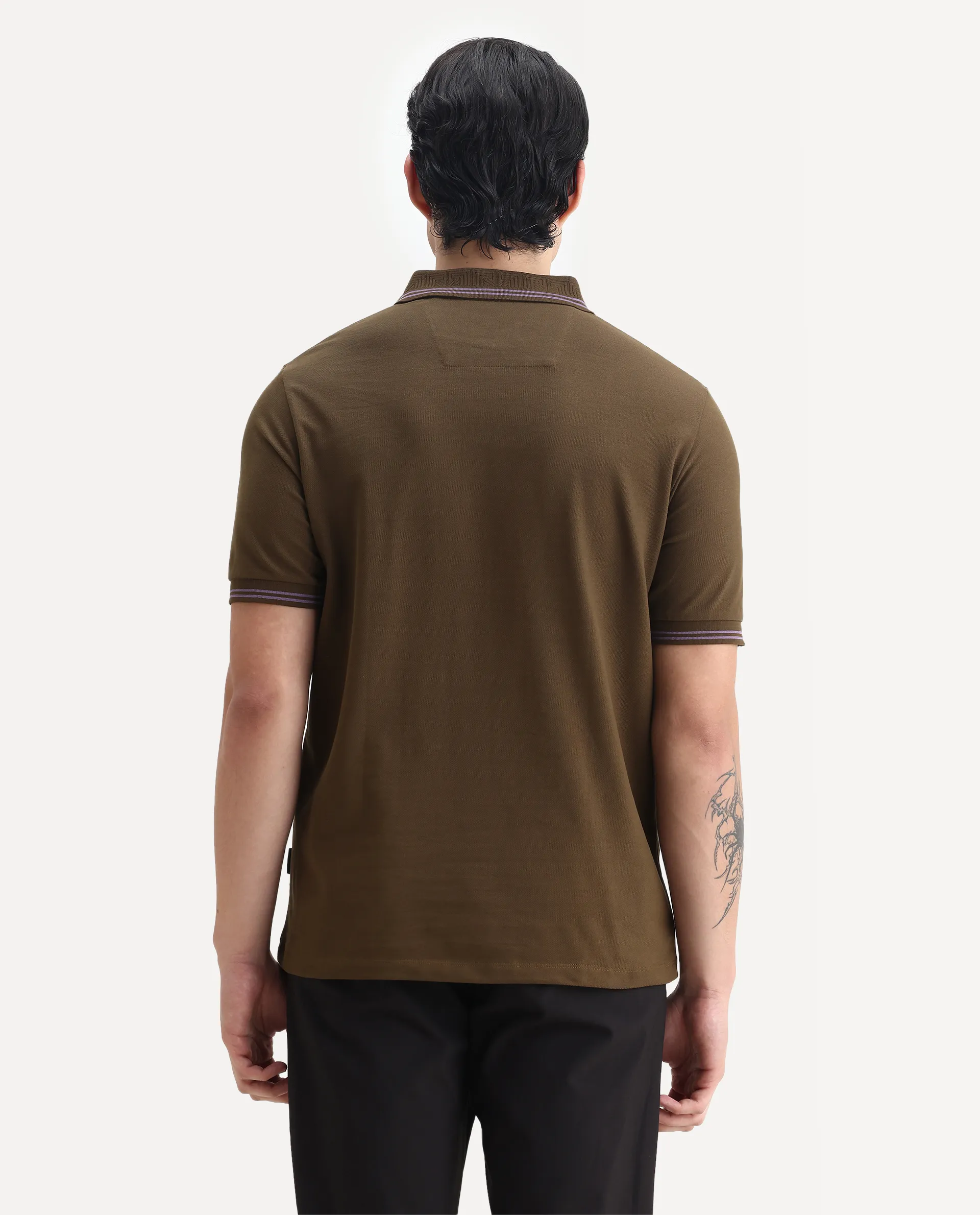 Rare Rabbit Men's Mace Olive Cotton Blend Plain Regular Fit Half Sleeve Polo - Image 7