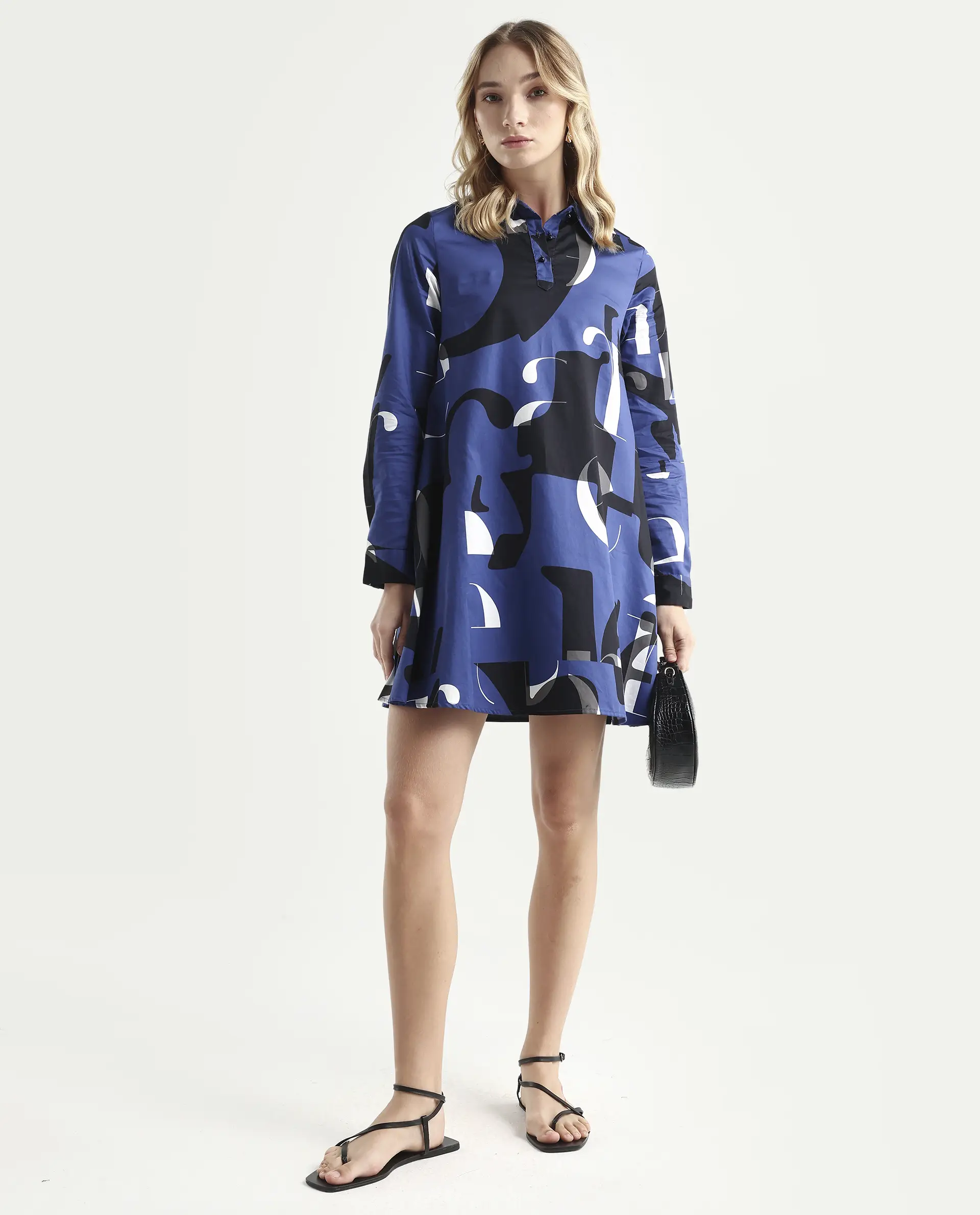 Rareism Women's Macie Blue Cotton Mandarin Collar Graphic Print Knee Length Regular Fit Dress - Image 2