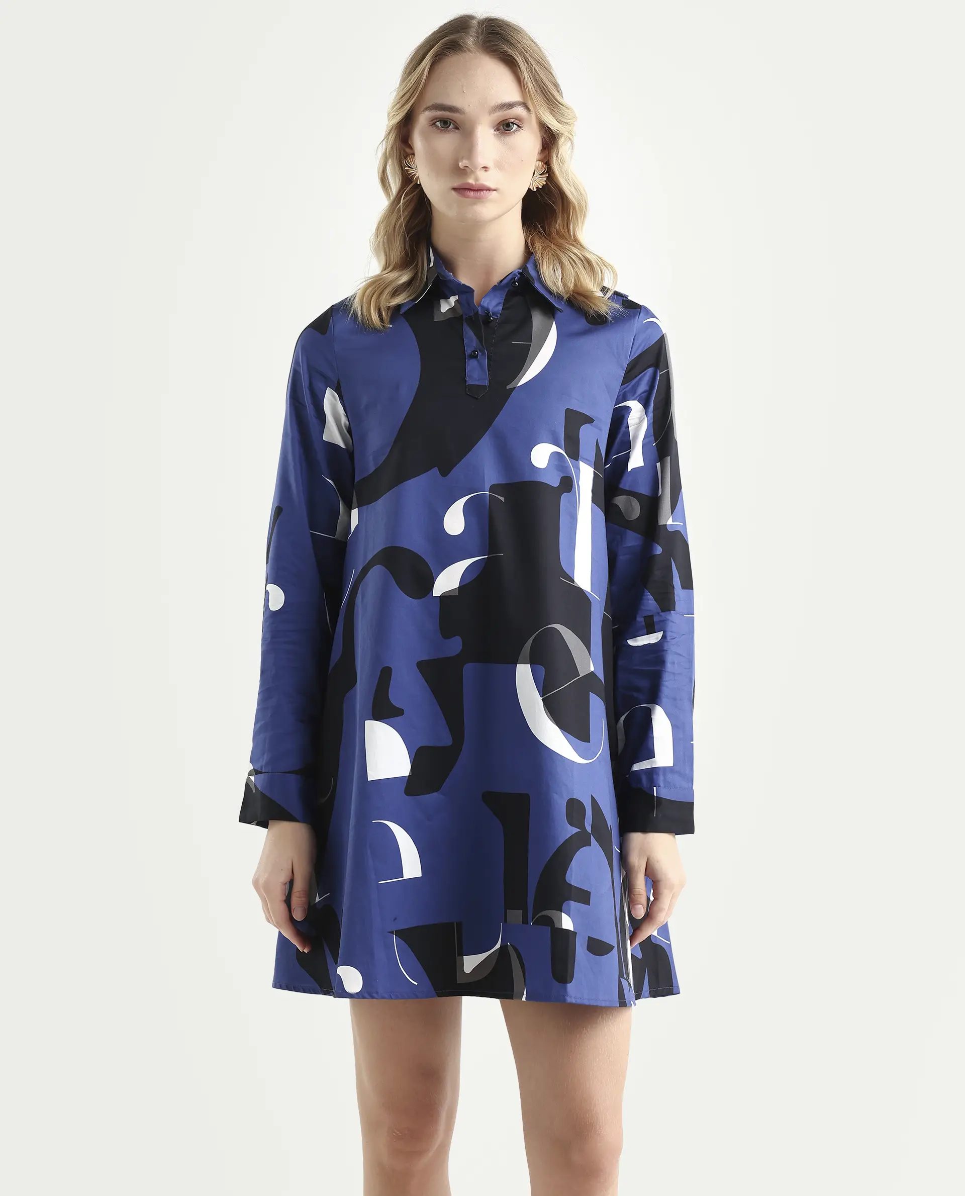 Rareism Women's Macie Blue Cotton Mandarin Collar Graphic Print Knee Length Regular Fit Dress - Image 3