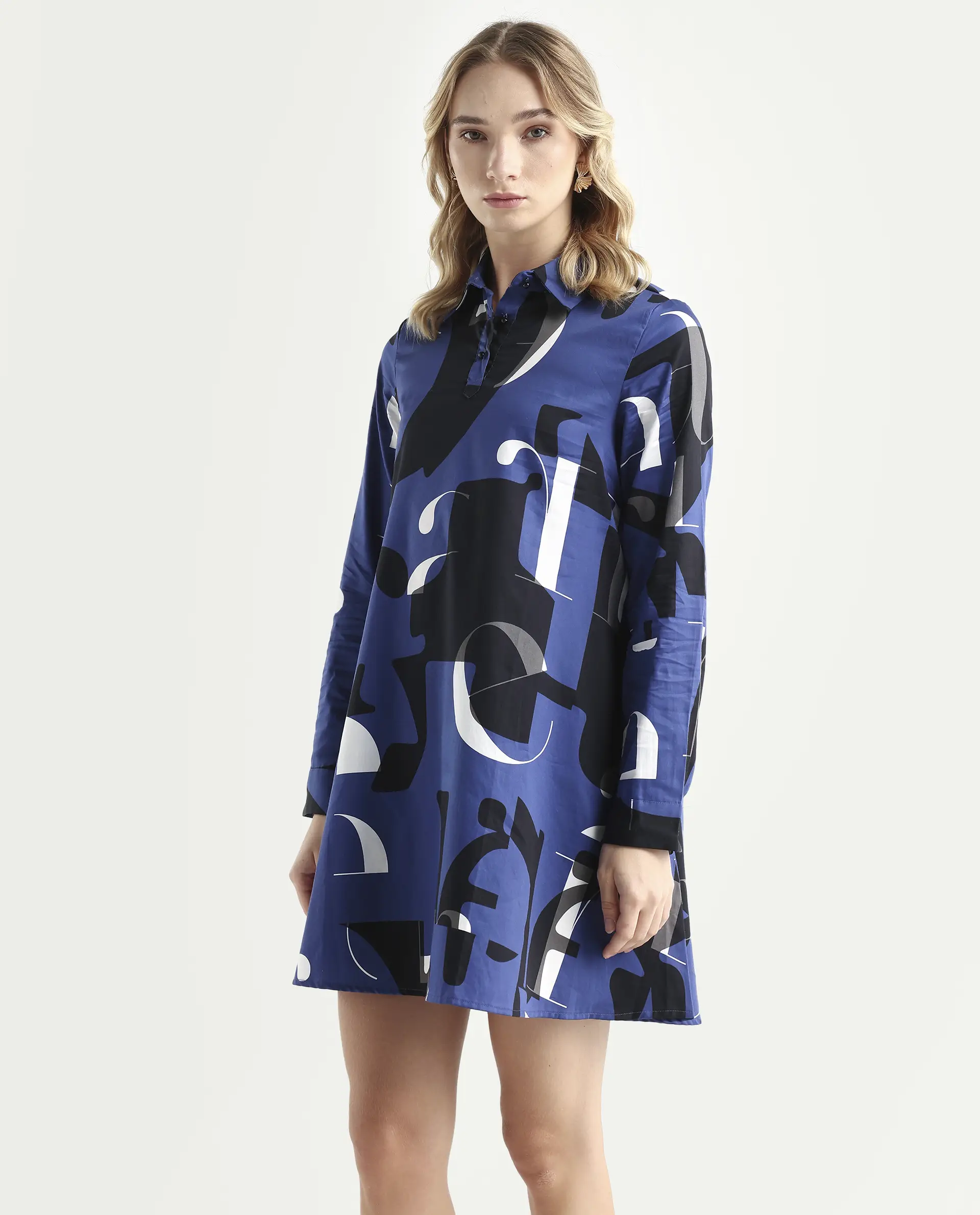 Rareism Women's Macie Blue Cotton Mandarin Collar Graphic Print Knee Length Regular Fit Dress - Image 6