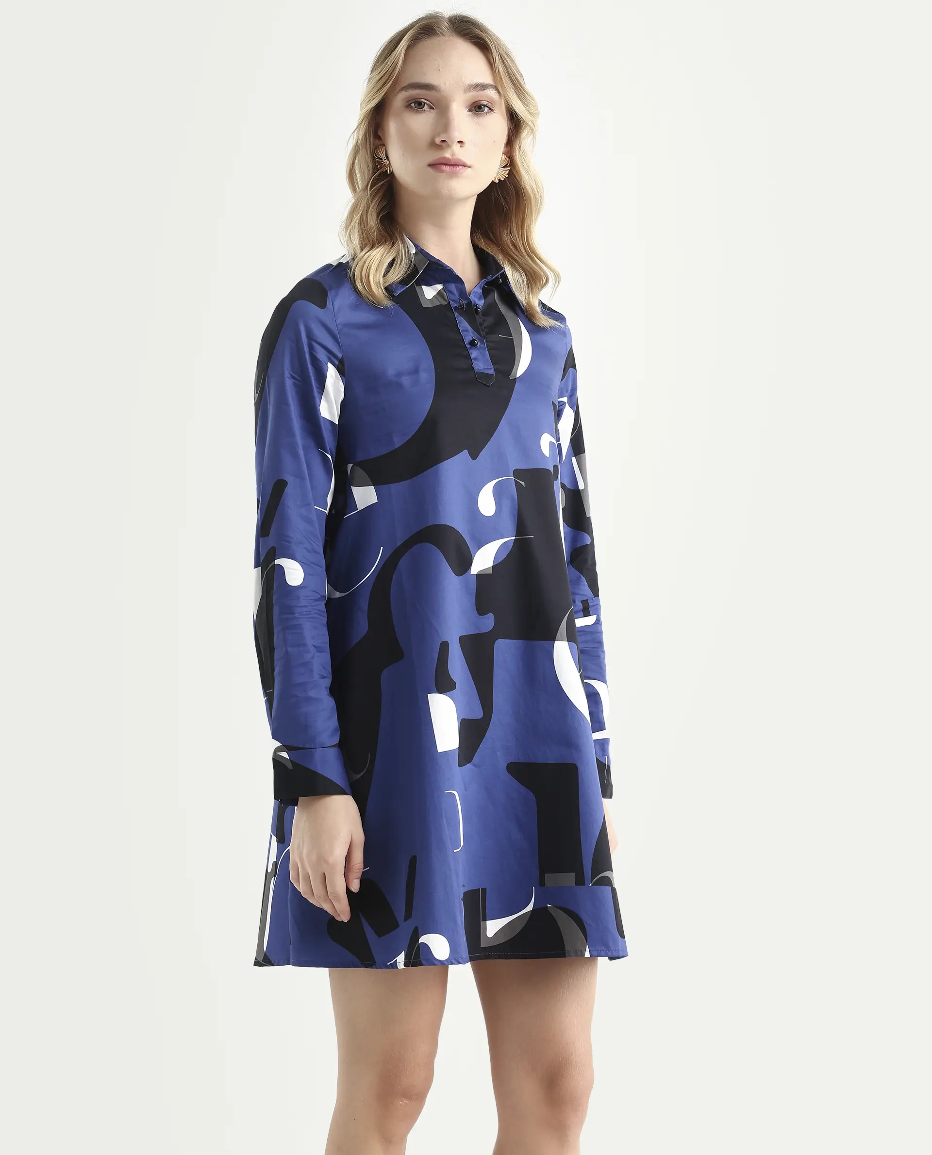 Rareism Women's Macie Blue Cotton Mandarin Collar Graphic Print Knee Length Regular Fit Dress - Image 7