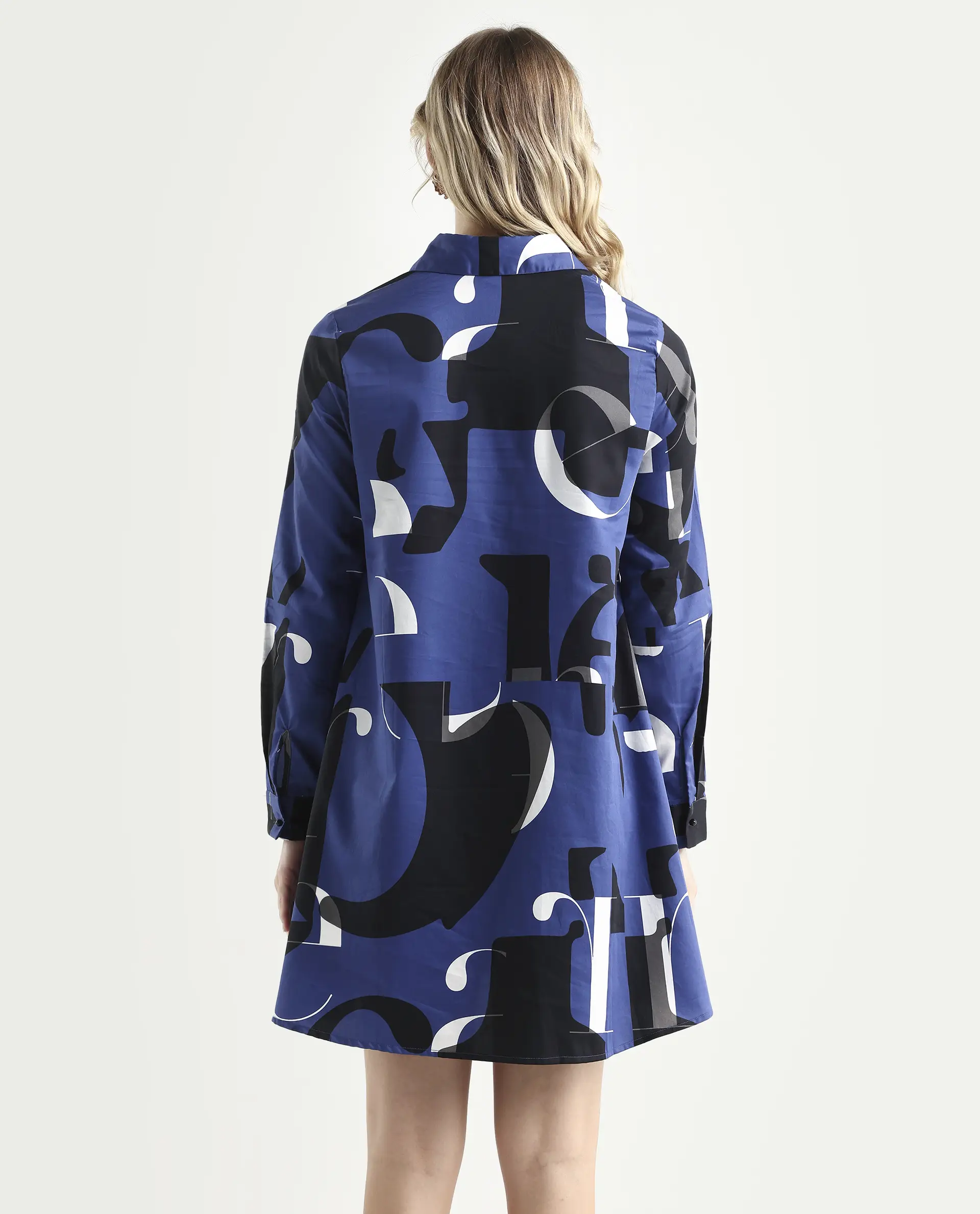 Rareism Women's Macie Blue Cotton Mandarin Collar Graphic Print Knee Length Regular Fit Dress - Image 8
