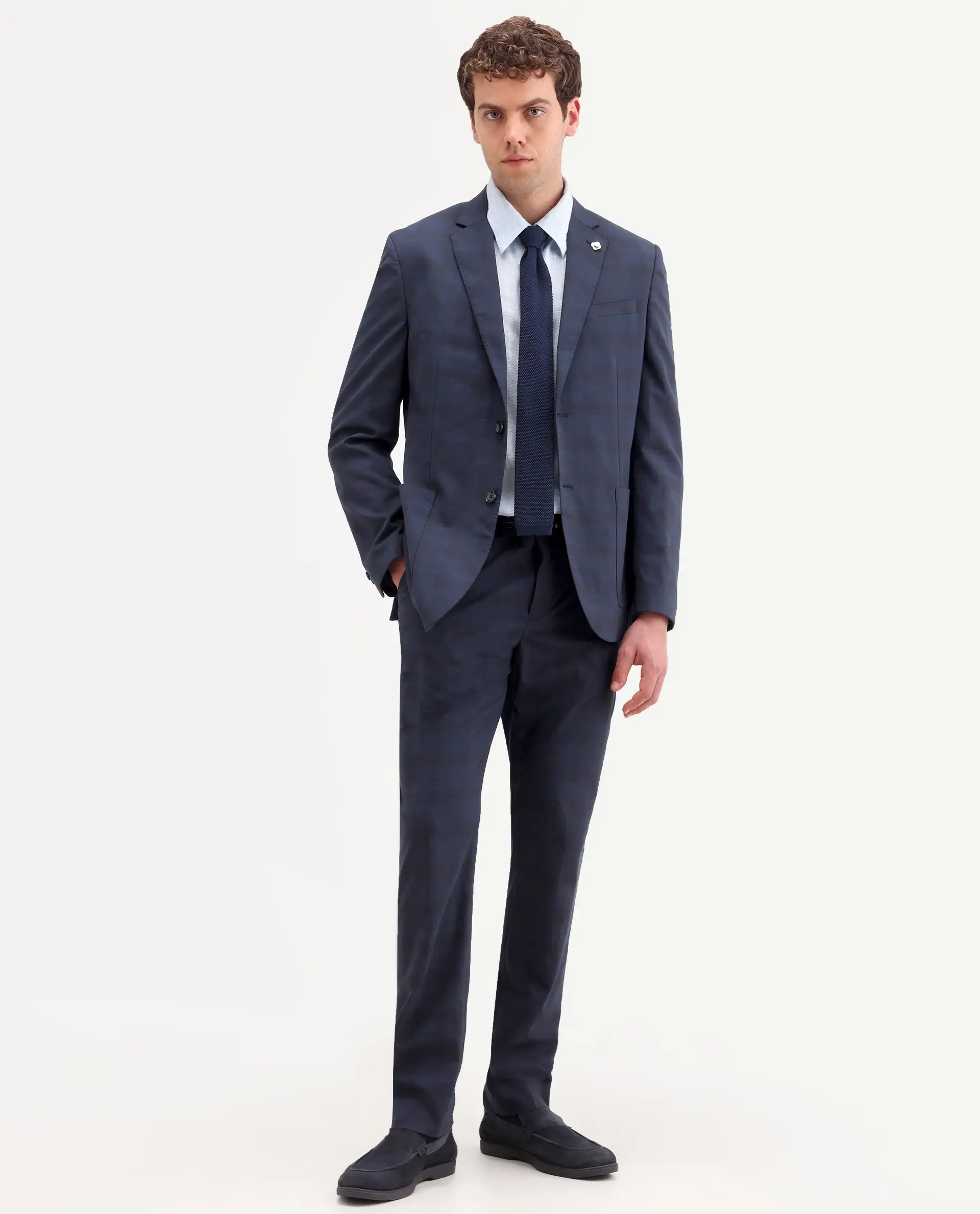 Rare Rabbit Men's Mack Dark Navy Polyester Checked Print Tailored Fit Full Sleeve Lapel Neck Suits - Image 10