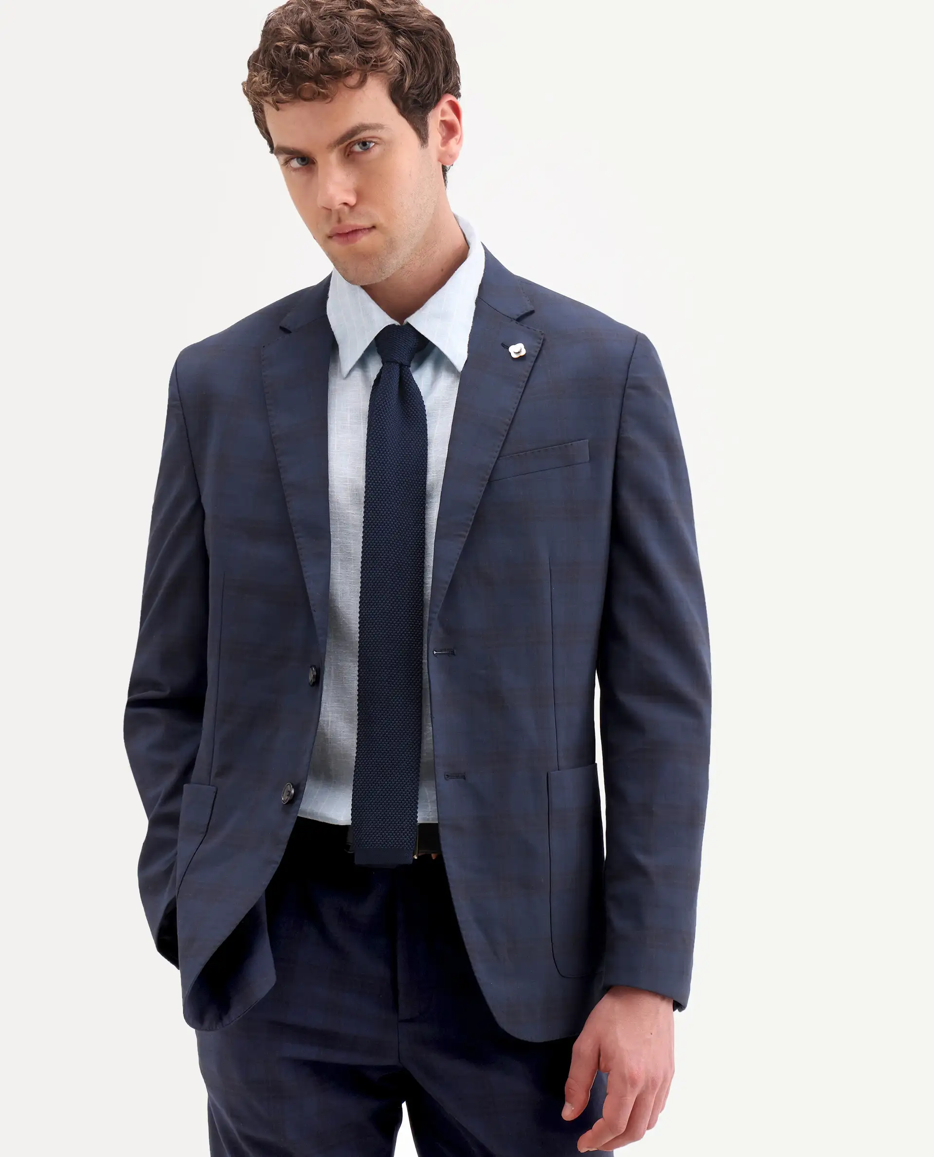 Rare Rabbit Men's Mack Dark Navy Polyester Checked Print Tailored Fit Full Sleeve Lapel Neck Suits - Image 11