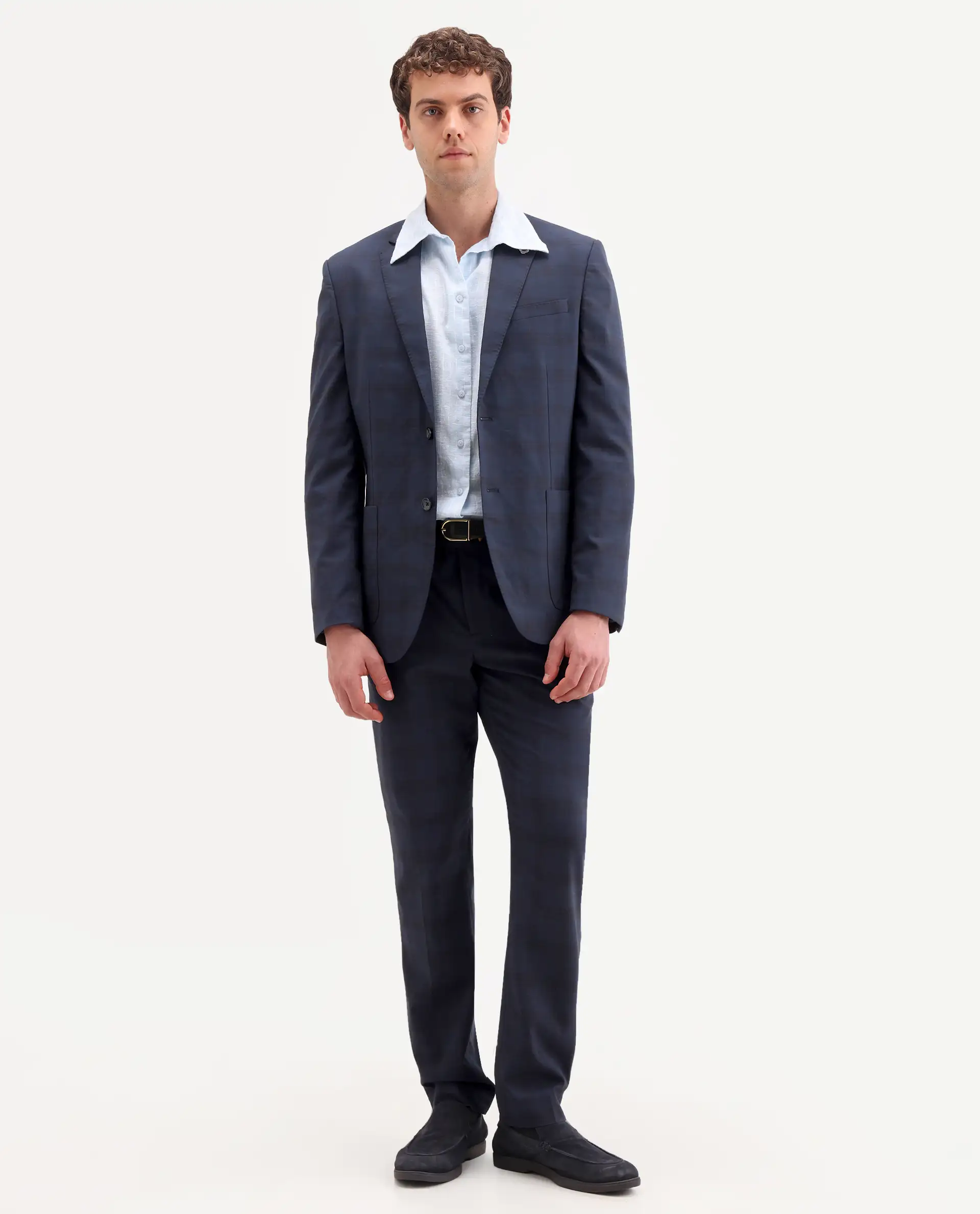 Rare Rabbit Men's Mack Dark Navy Polyester Checked Print Tailored Fit Full Sleeve Lapel Neck Suits - Image 14